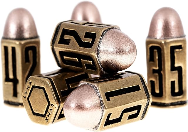 Bullet Metal Dice Set - Six Brass D6 Dices - Great For DND, Warhammer 40k, Role Playing Homebrews, D&D. Great RPG/Dungeons And Dragons/D and D Accessories Gifts. Can Use With Dice Tray/Tower