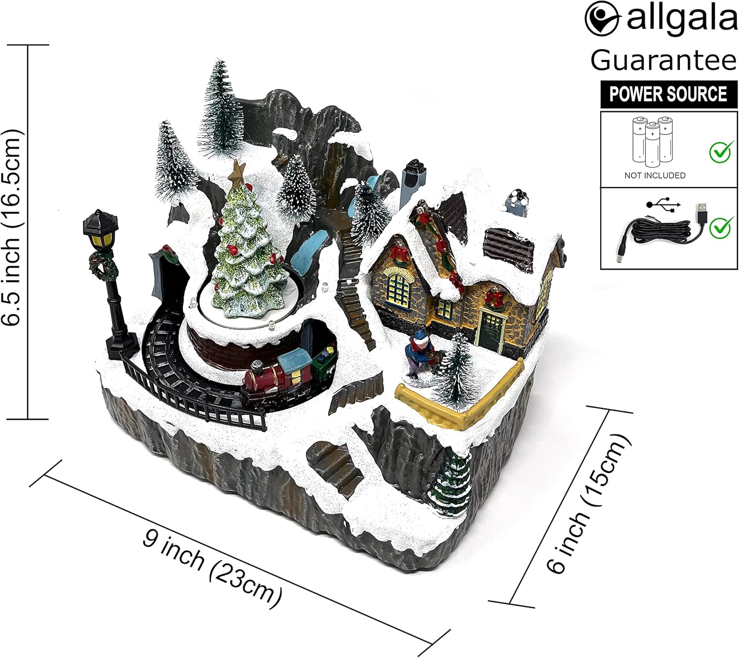 allgala Christmas Village House with Train Crafted Polyresin Christmas House Collectable Figurine with USB and Battery Dual Power Source-Moving Train and Tree-XH93446