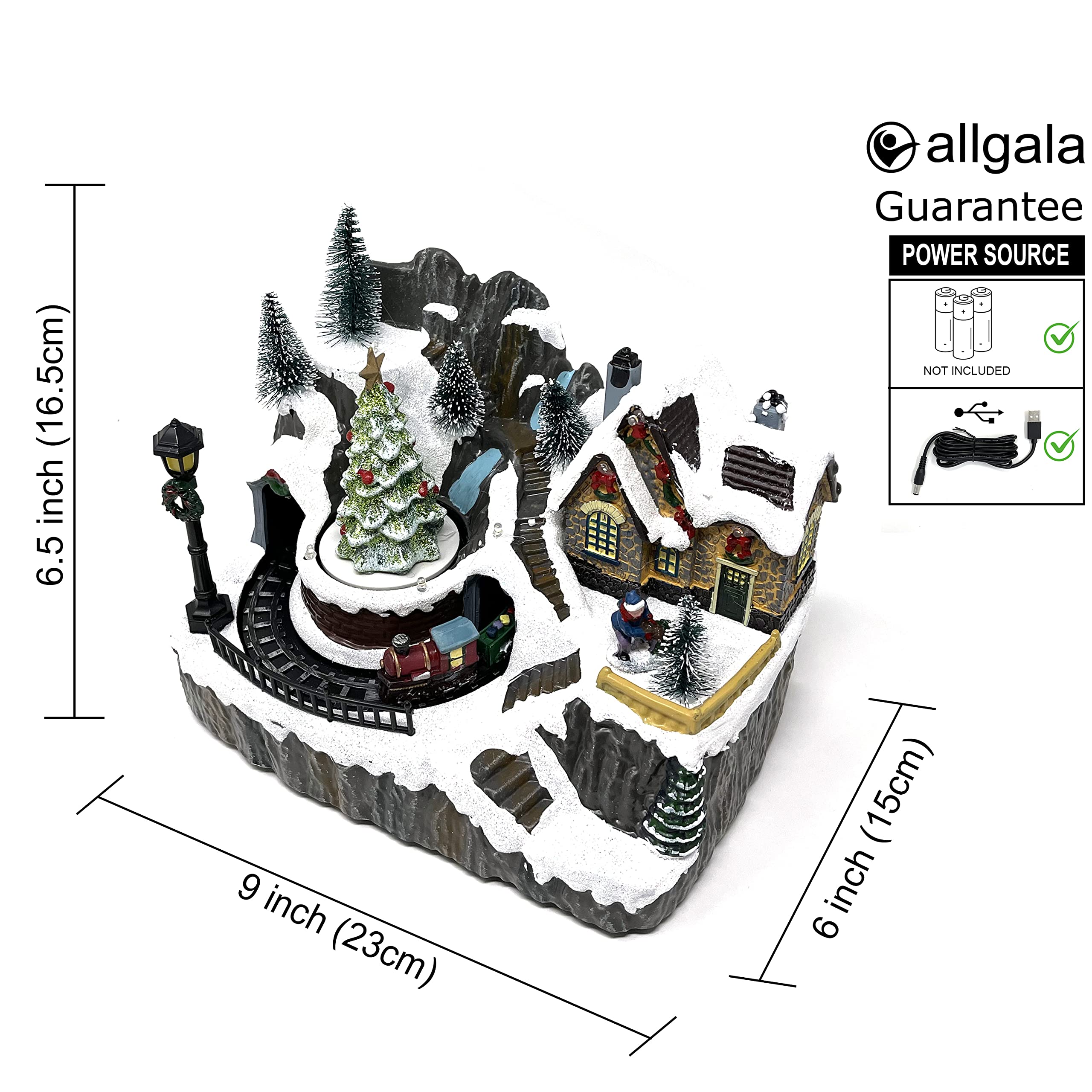allgala Christmas Village House with Train Crafted Polyresin Christmas House Collectable Figurine with USB and Battery Dual Power Source-Moving Train and Tree-XH93446