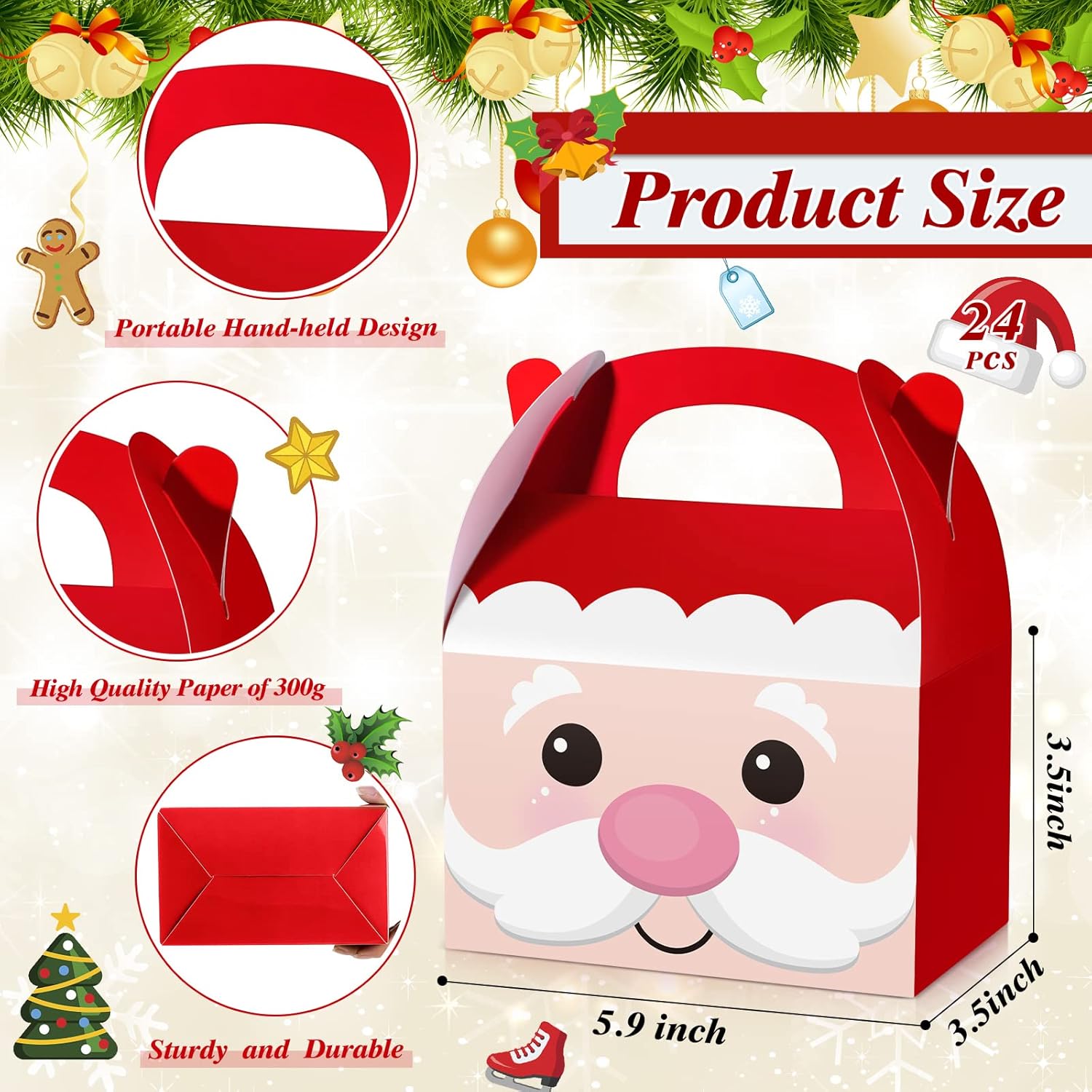 TaoBary 24 Pcs Christmas Goody Candy Boxes Cardboard with Handles 3D Christmas Favor Boxes with Vibrant Print for Party Gifts Candy Chocolate Treats and Cookies Favors (Big Head Style) - Image 3