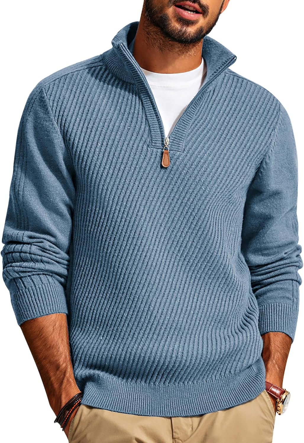 PJ PAUL JONES Mens Quarter Zip Pullover Sweaters Casual Slim Fit Knit Texture Sweater