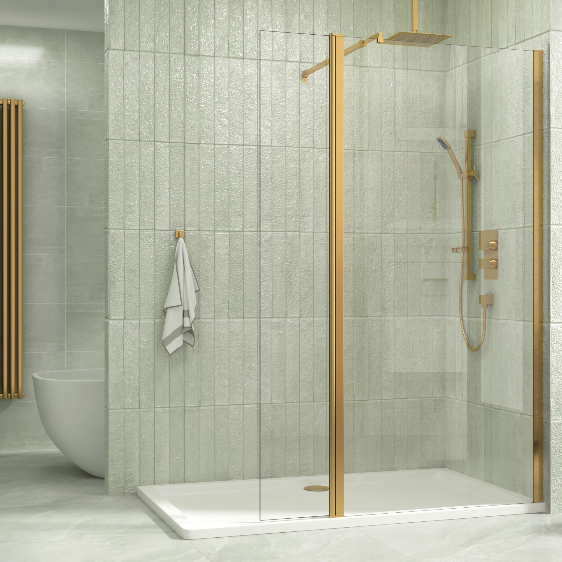 Marbella Brushed Brass 300mm Walk in Wet Room Flipper Panel for Shower Screen 8mm Easy Clean Safety Tempered Glass - 1850mm Tall