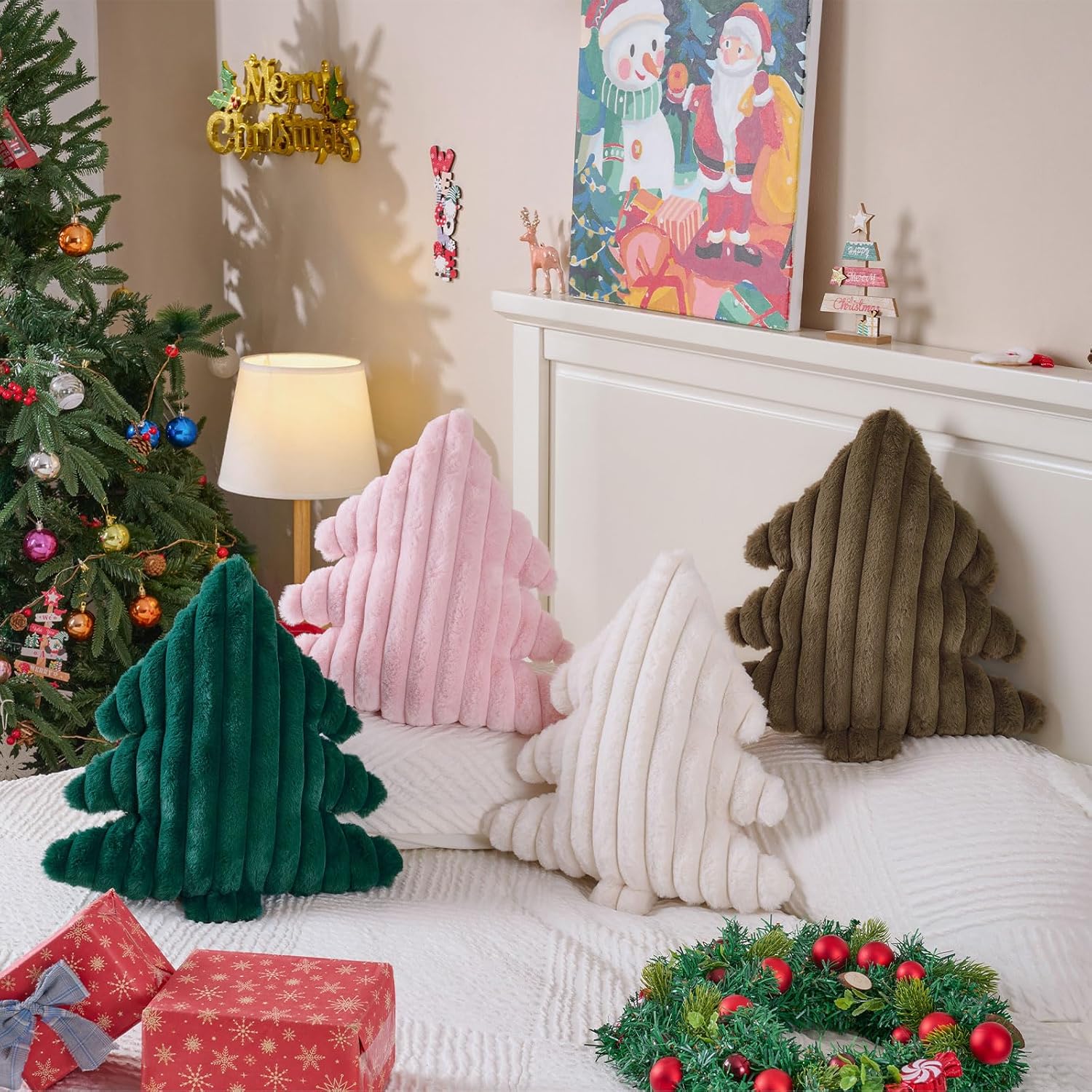 Lanpn Christmas Tree Pillows Set of 2, Christmas Decoration Wide Stripes Winter Throw Pillows Soft Cute 3D Shaped Xmas Tree Throw Cushion for Sofa Bedroom Xmas Decor (18x16 inch, Brown)