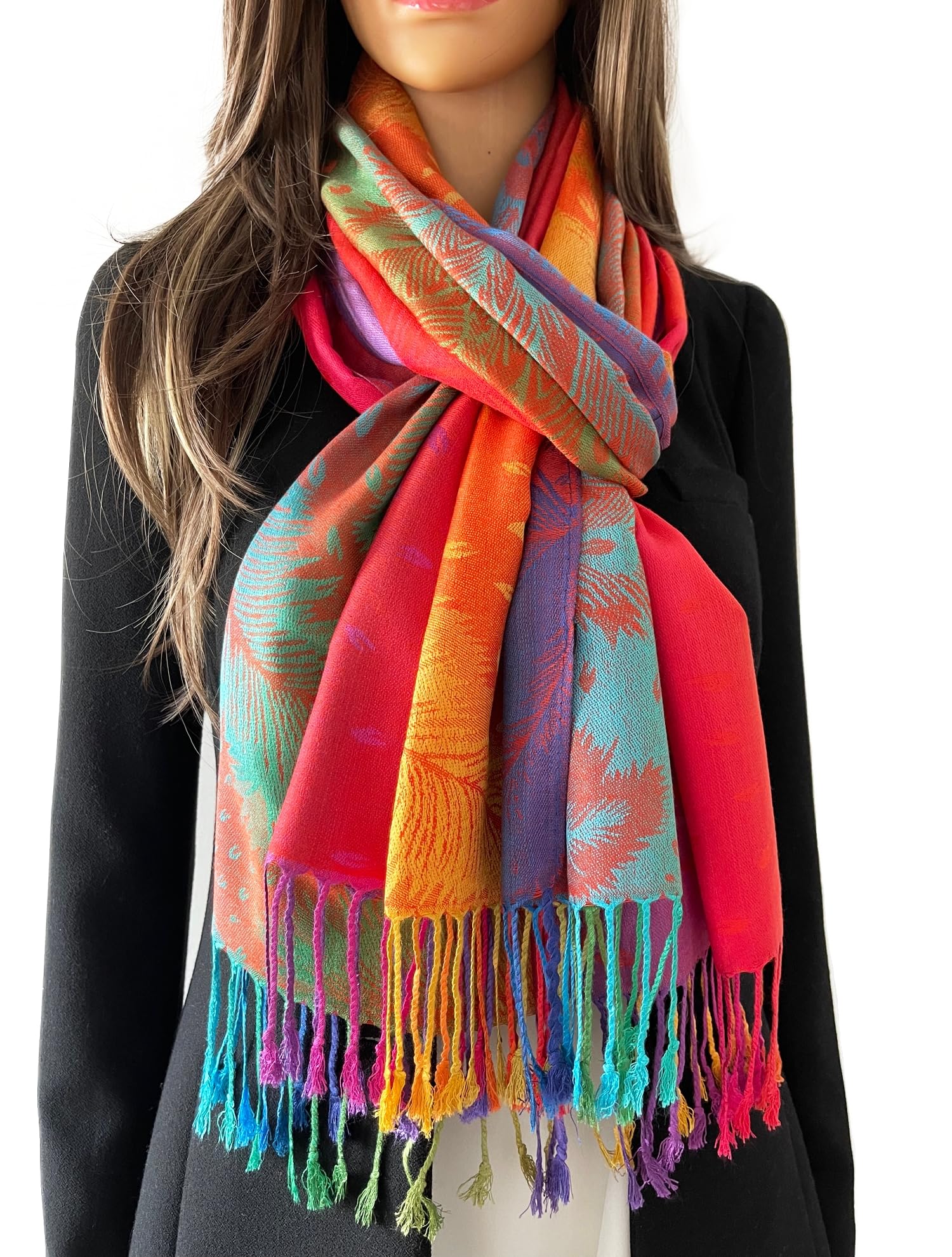 Women Pashmina Scarf Shawl Wrap - Large Long Paisley Floral Rainbow Ladies Scarves, Wearable Blanket Scarf, Womens Winter Scarfs, Indian Shawl Wedding Evening Stole (Rainbow Feather: Orange)