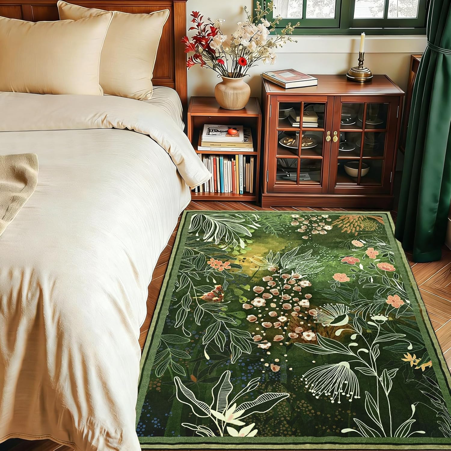 Yinhua Dark Green 3x5 Area Rug for Entryway, Botanical Washable Rug Non Silp, Low Pile Vintage Rugs Stain Resistant, Soft Boho Floral Carpet for Bedside Kitchen Living Room