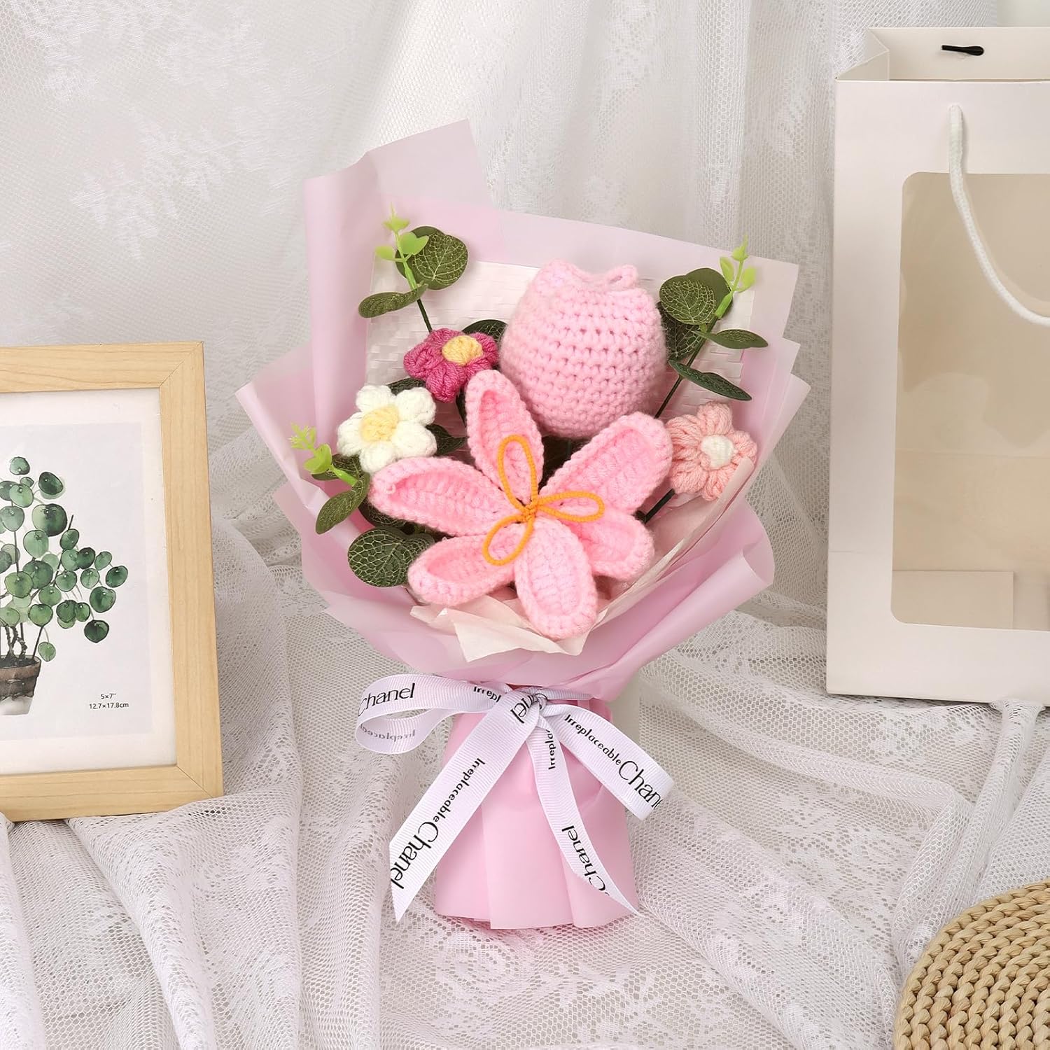 DEMIUKO Crochet Flower Bouquet, Pink Handmade Knitted Flower Bouquet Crochet Tulip Flowers Knitted Floral Gift for Valentines Day Lover Anniversary Mother’s Day Wedding Birthday Graduation(Deep Pink)