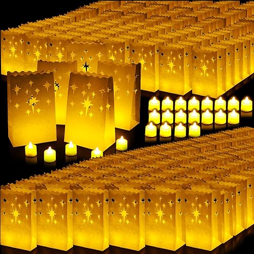 Sabary Juego de 200 bolsas de papel luminarias con luces de té sin llama, velas votivas LED de Navidad con bolsa luminaria para cumpleaños, boda,