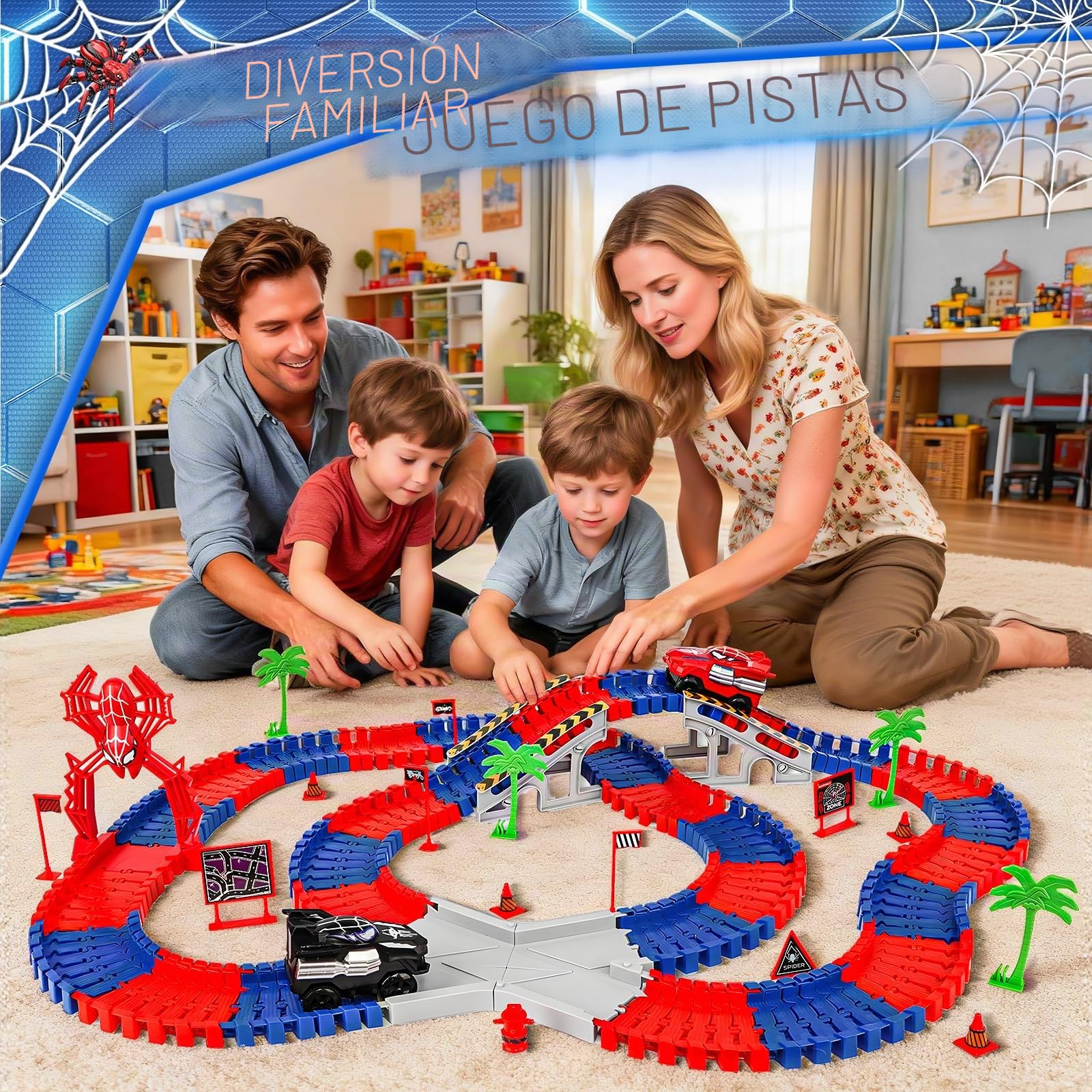 Kssvzz Spider Circuito Coches Niños 2 3 4 5 6 Años, Flexible Pista de Carros Juguete, Regalo Cumpleaños Navidad Niño Niña 2-8 Años(212 Piezas)