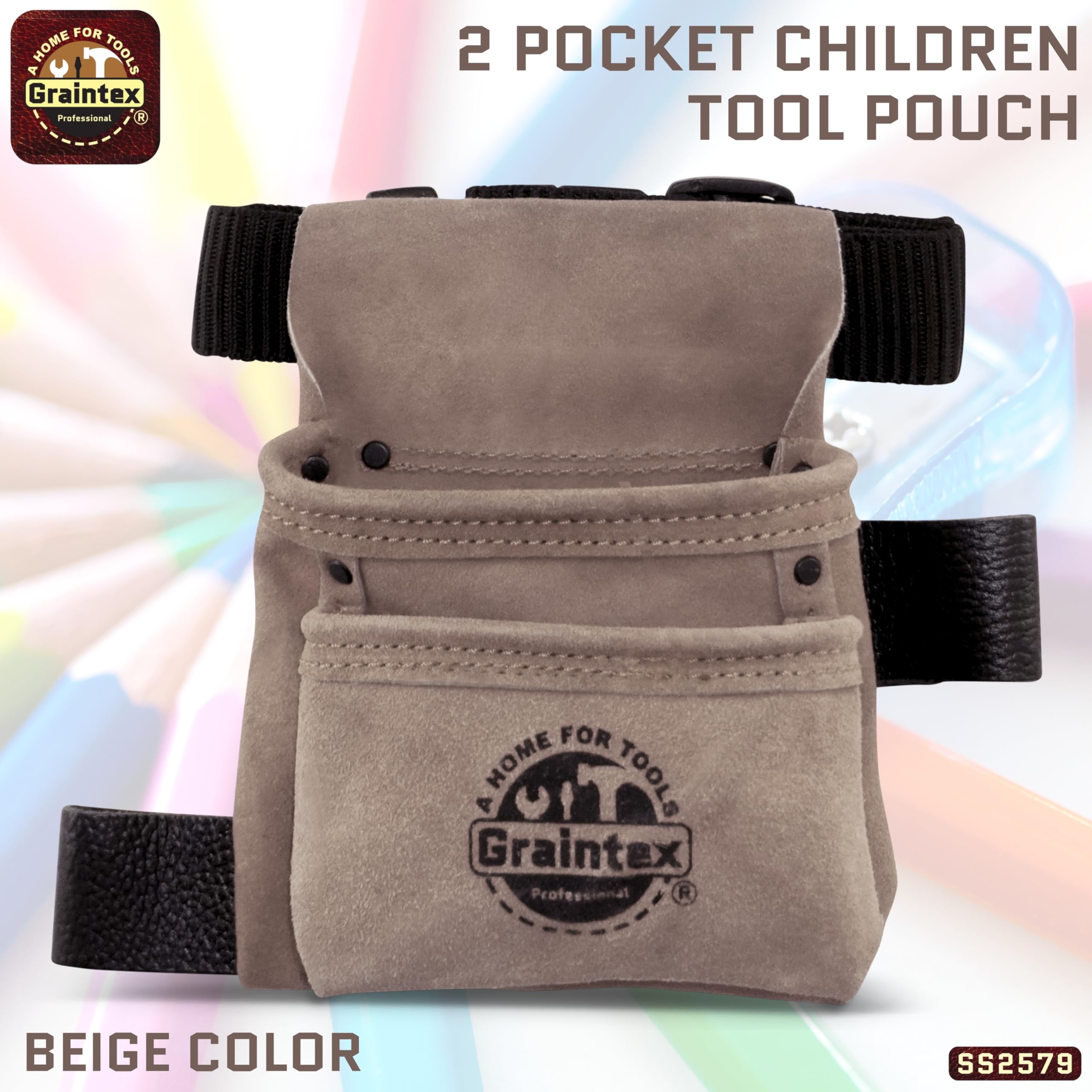 Graintex SS2579 - Bolsa de Herramientas para niños, 2 Bolsillos, Color Beige, Piel de Ante con cinturón