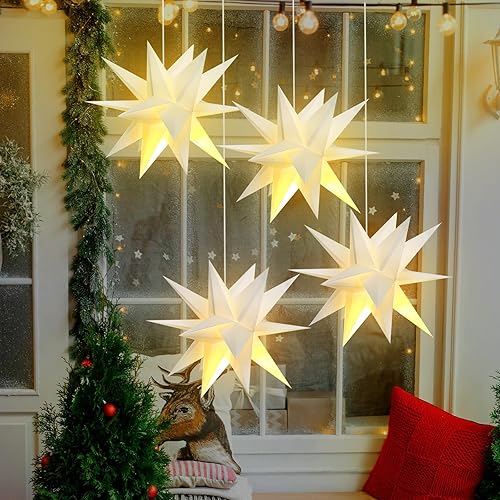 Miniatura 3 de Riakrum Faroles de papel de estrella morava de Navidad con luces LED, estrellas de papel 3D de 12 pulgadas, 18 estrellas puntiagudas, decoración