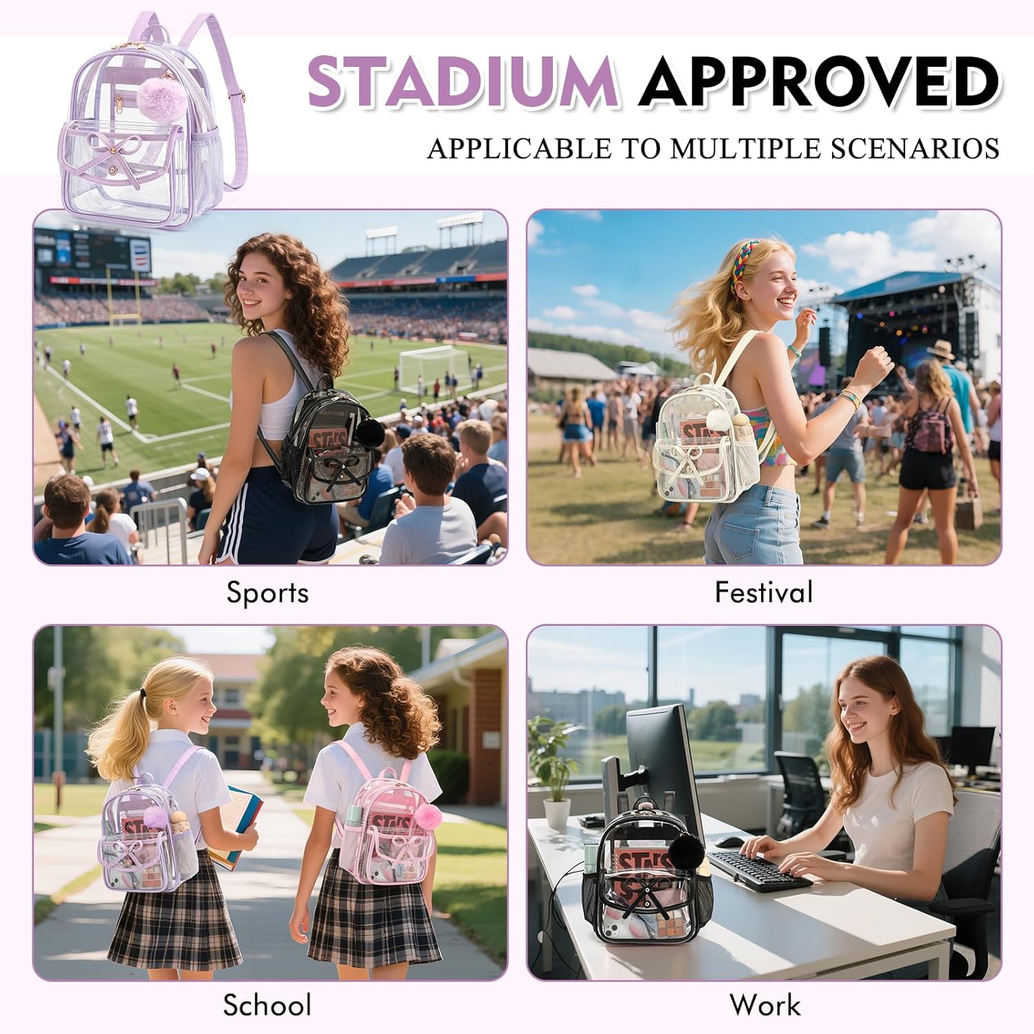 Clear Backpack for Stadium Events 12x12x6, Thick PVC Small Clear Bag with Leather Trim Fashion Women Backpack - Image 8