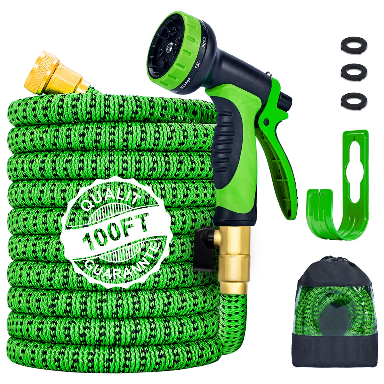 YUNSTRFLY Garden Hose, 100 FT Flexible Retractable Water Hose with 10 Function Nozzle & Durable 4-Layers Latex, 3750 D Expandable Garden Hose with 3/4 Inch Solid Brass Fittings