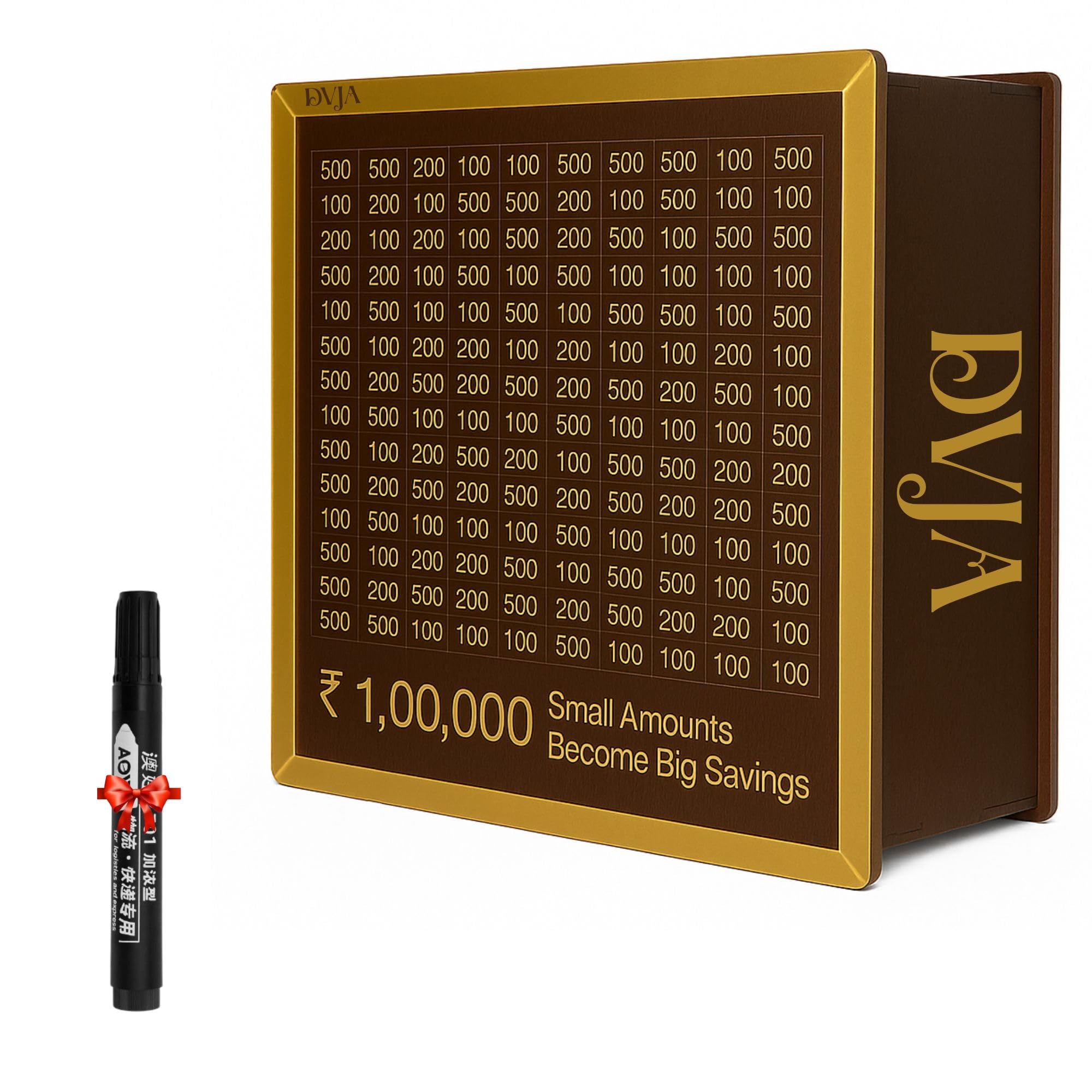 DVJA Money Bank Wooden Piggy Bank for Kids & Adults, Coin Box with Carved Design, Savings Box, Mini Bank, Wooden Coin Box, Money Saver, Piggy Bank with Numbers (Golden LINE)