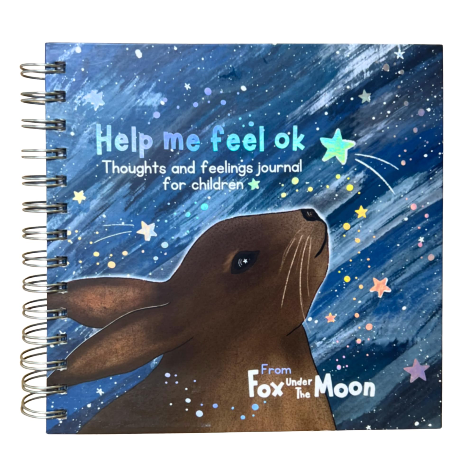 Fox Under The Moon Children's Feelings Journal, Hardback Spiral Bound, 50 Daily Spreads with Mindful Colouring Book Pages, Holographic Silver Foil Cover, Ages 3-11
