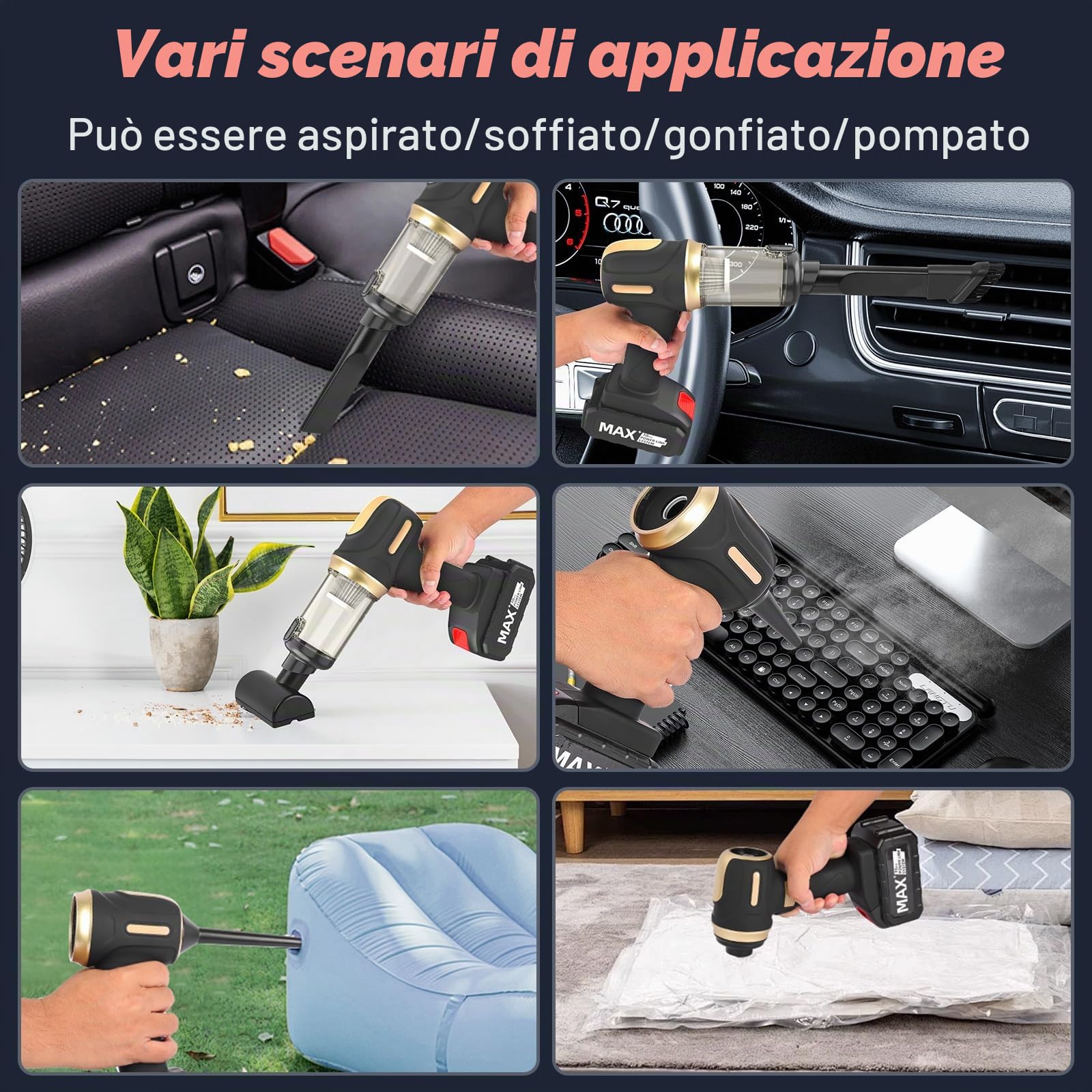 Aspirapolvere Portatile, 21000 Pa/120W Aspirapolvere Auto, 7 in 1 Aspirabriciole, con Batteria Rimovibile (10000 mAh)/USB, per la Pulizia di Automobili, Case e Peli di Animali Domestici, Ufficio