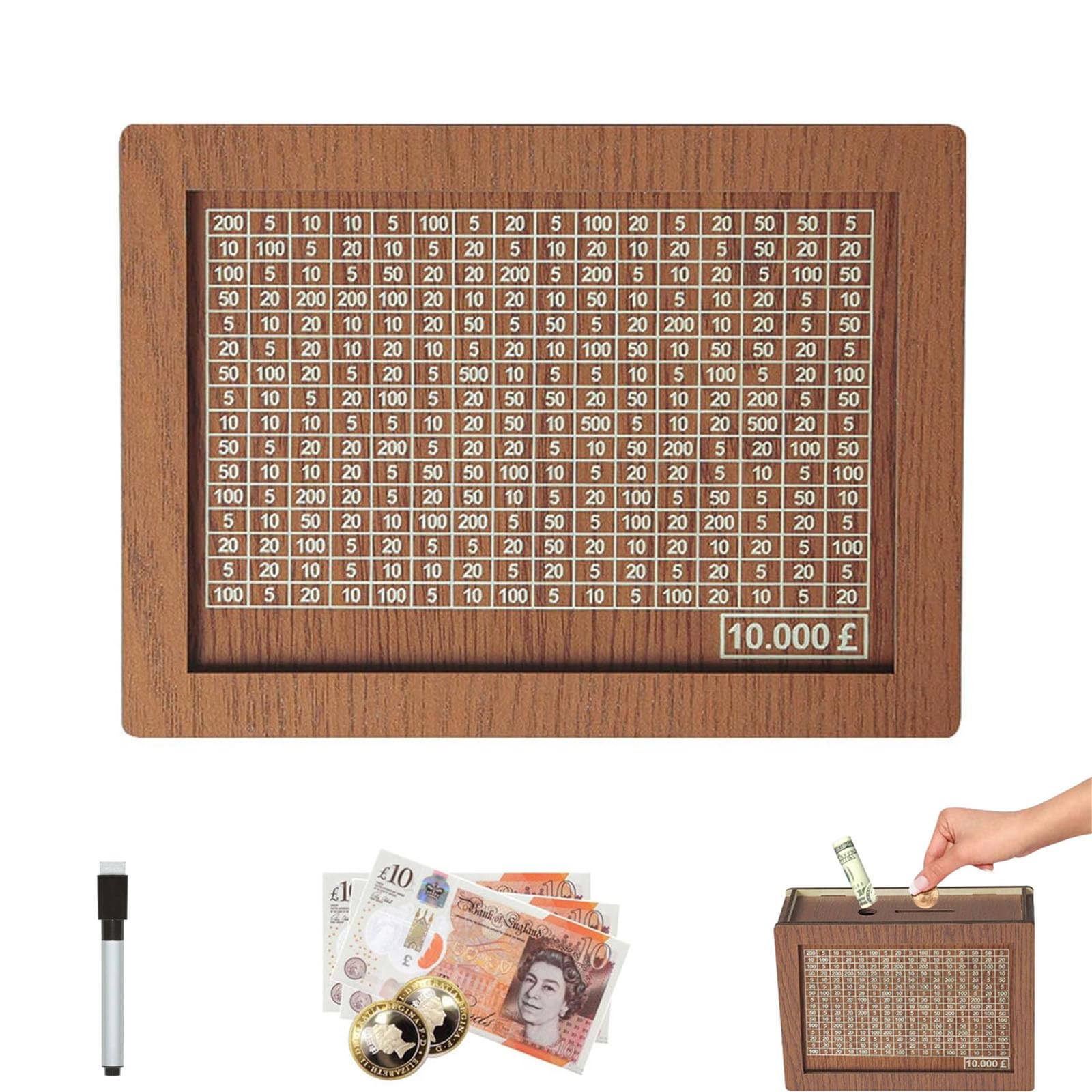 Zbello Brown Wooden Money Box With Counter, Savings Challenge Box For Cash & Coins, Budget Tracker & Coin Bank With Goal Tabs, Financial Literacy Tool For Kids, Teens & Adults (10000)