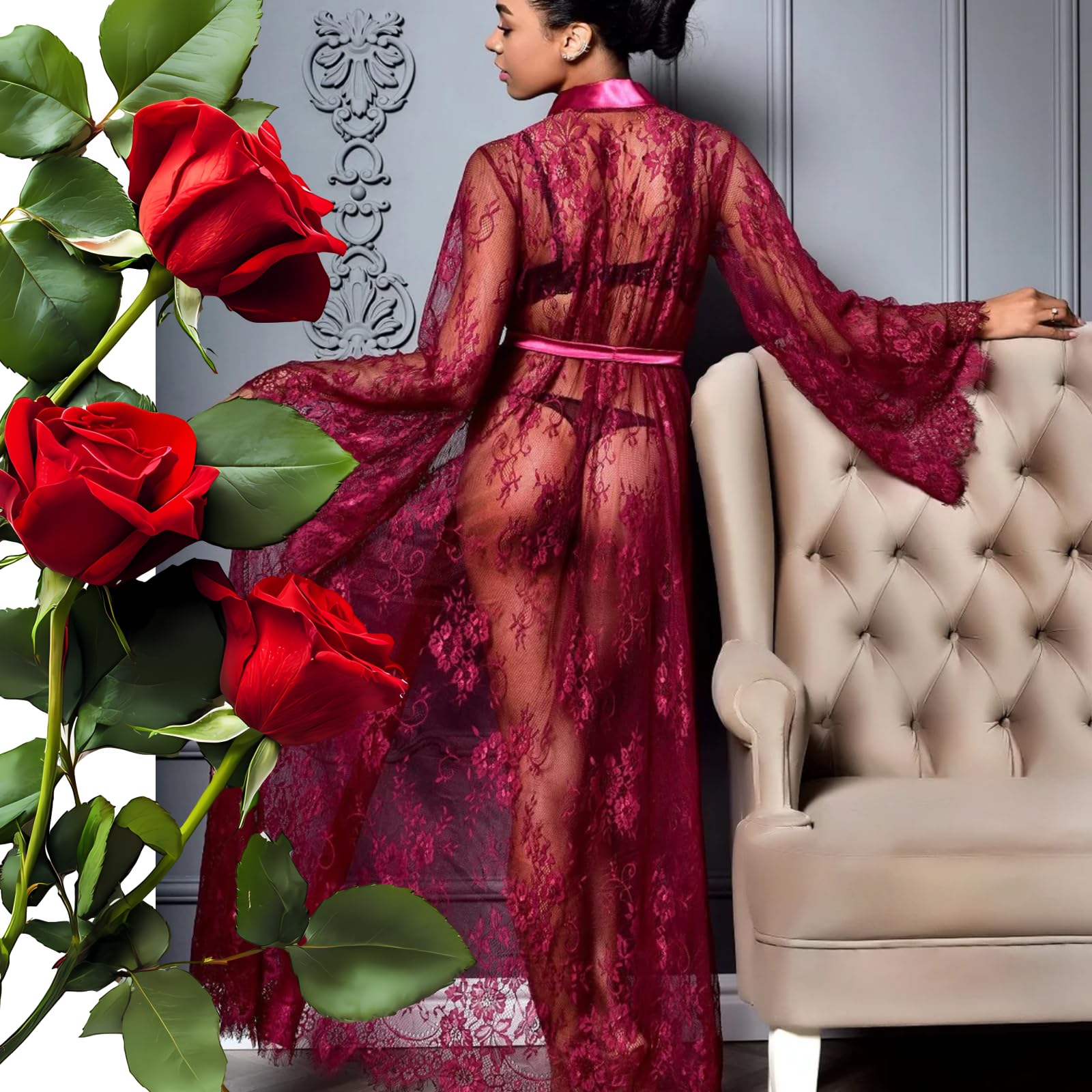 ZWCHGJ Szlafroki, długie prześwitujące koronkowe szaty kimono prześwitujące szlafroki z siateczki tiulowa koszula nocna maxi elegancka koszula nocna bielizna nocna, na bieliznę nocną sukienka dla