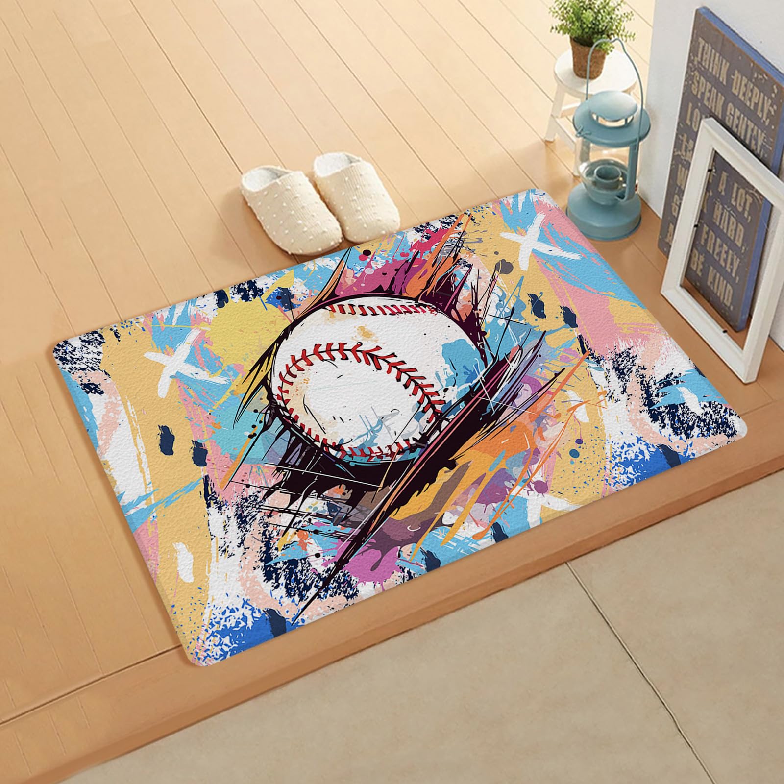 Baseball Sports Kitchen Bath Door Mat Cushioned Runner Rug,Washable Welcome Floor Sink Antifatigue Mat,Waterproof & Non-Slip Comfort Standing Doormat for Kitchen,Minimalist Geometric Smear Art 20
