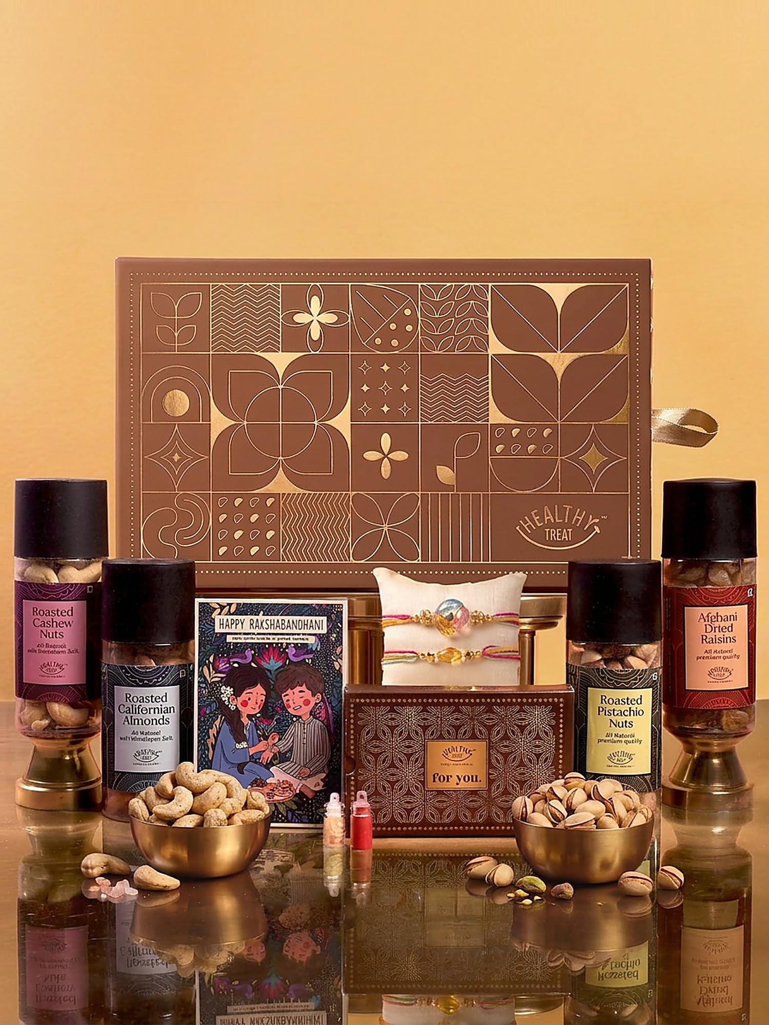 Healthy Treat Mewa Bandhan Rakhi with Dry Fruits for Brother, 8 Items | Rakhi Pair, Roli Chawal, Roasted Cashews, Almonds, Pistachios, Raisins, Greeting Card, Raksha Bandhan Dry Fruit Hamper