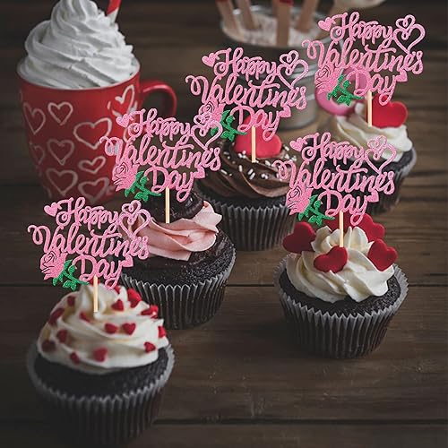 Miniatura 5 de 24 piezas de decoración para cupcakes con purpurina para el día de San Valentín corazón de rosa palillos para magdalenas de San Valentín decoración