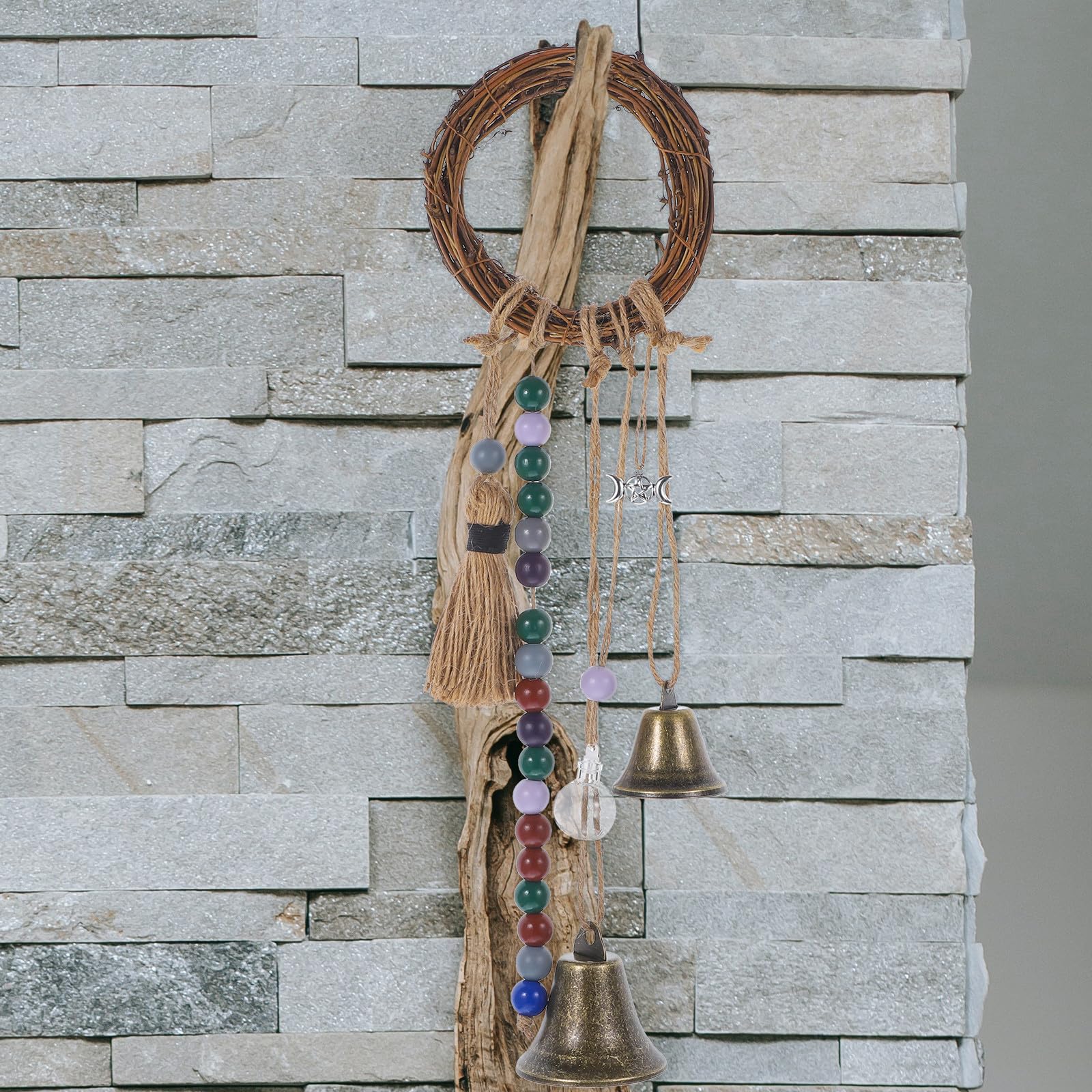 Uonlytech 4 Stück Vintage Windspiel aus Rattan und Holz mit Stern und Mondmotiv Dekoratives Windspiel für Tür Klarer und Süßer Klang Gartendekoration
