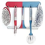 Scrub Brush Set of 6 pcs - Red or Blue Randomly Color, Cleaning Shower Scrubbers with Squeegee for Shower Glass & Adhesive Wall Hooks Including Grout Cleaner Brush for Cleaning Bathroom, Tile