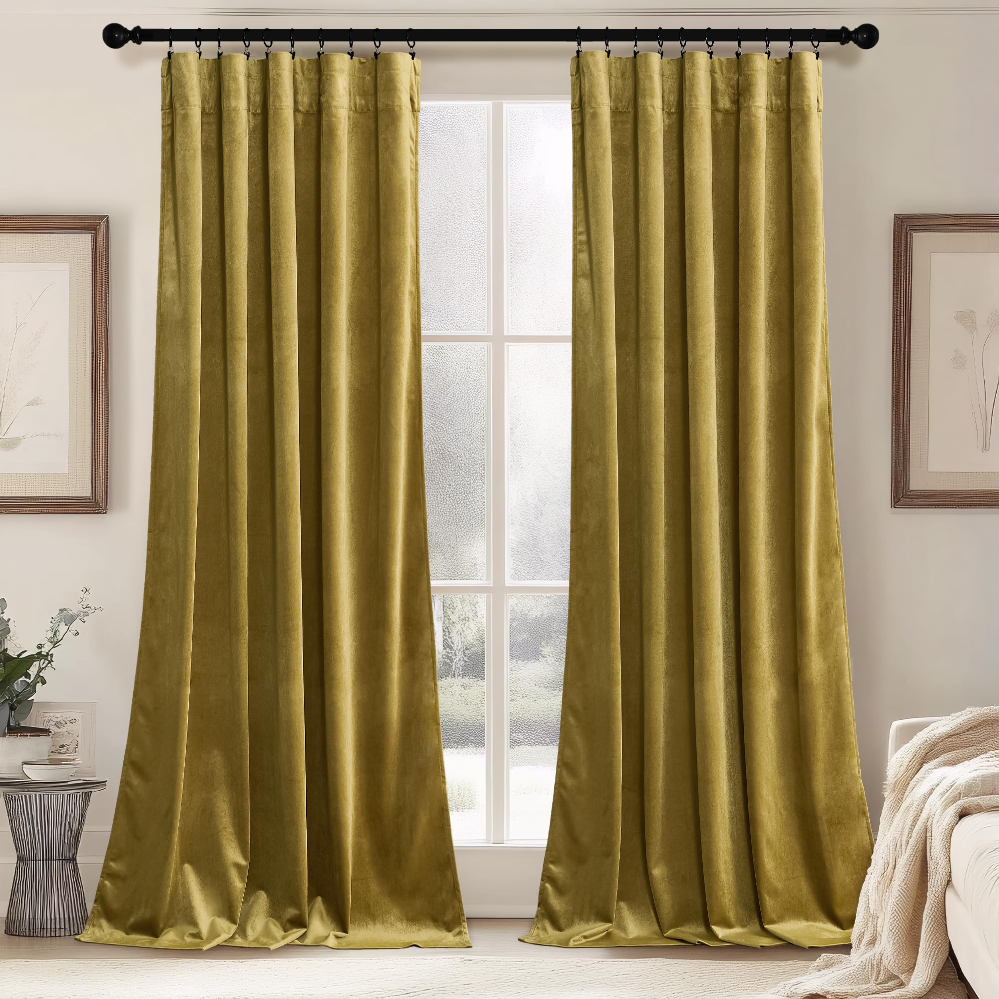 RYB HOME Gold Velvet Curtains 96 inches - Super Soft Shiny Darkening Curtains for Living Room, Thermal Insulated Velvet Drapes for Bedroom Dining Room, W52 x L96 inch, Gold, 2 Pcs