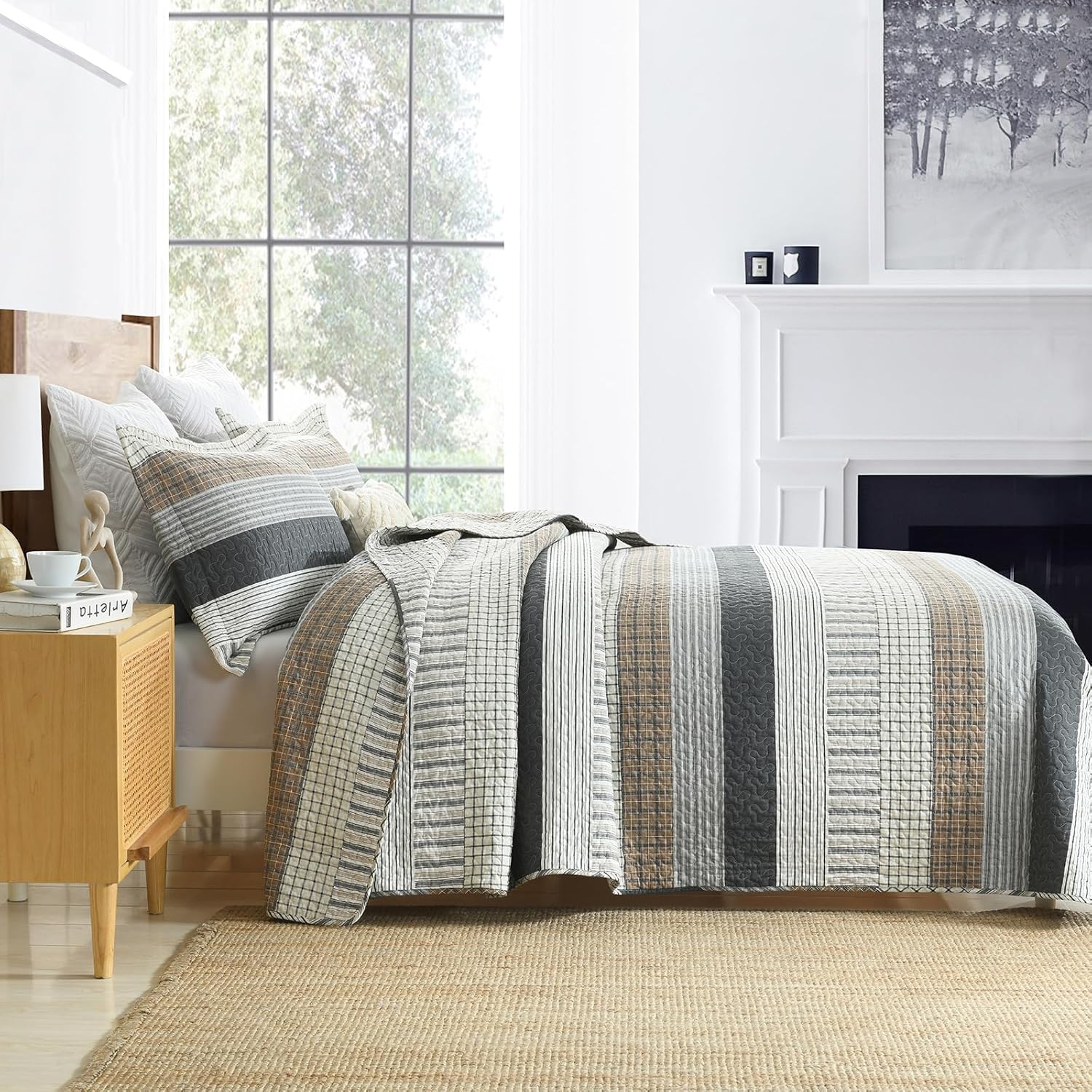 EWlinens 100% Cotton Quilts Queen Size - Farmhouse Queen Quilt Bedding Set Bedspreads Coverlets, Striped Patchwork Lightweight Comforter Set, 3 Pieces Set with 2 Pillowshams, White/Brown/Gray