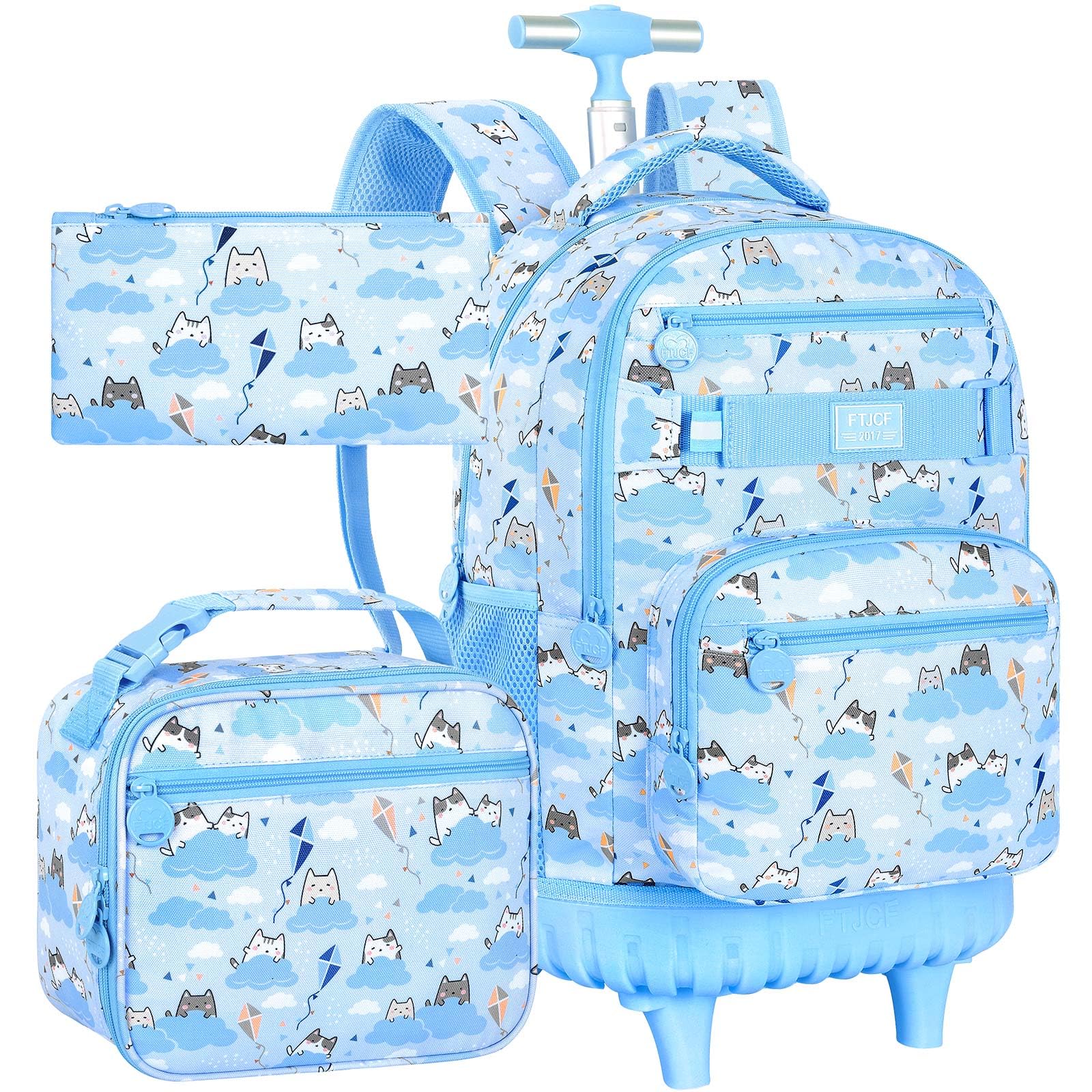UFNDC 3PCS Rolling Backpack for Girls, Women Blue Cloudy Cat Backpacks with Wheels，Water-Resistant Travel Roller Wheeled Bookbag