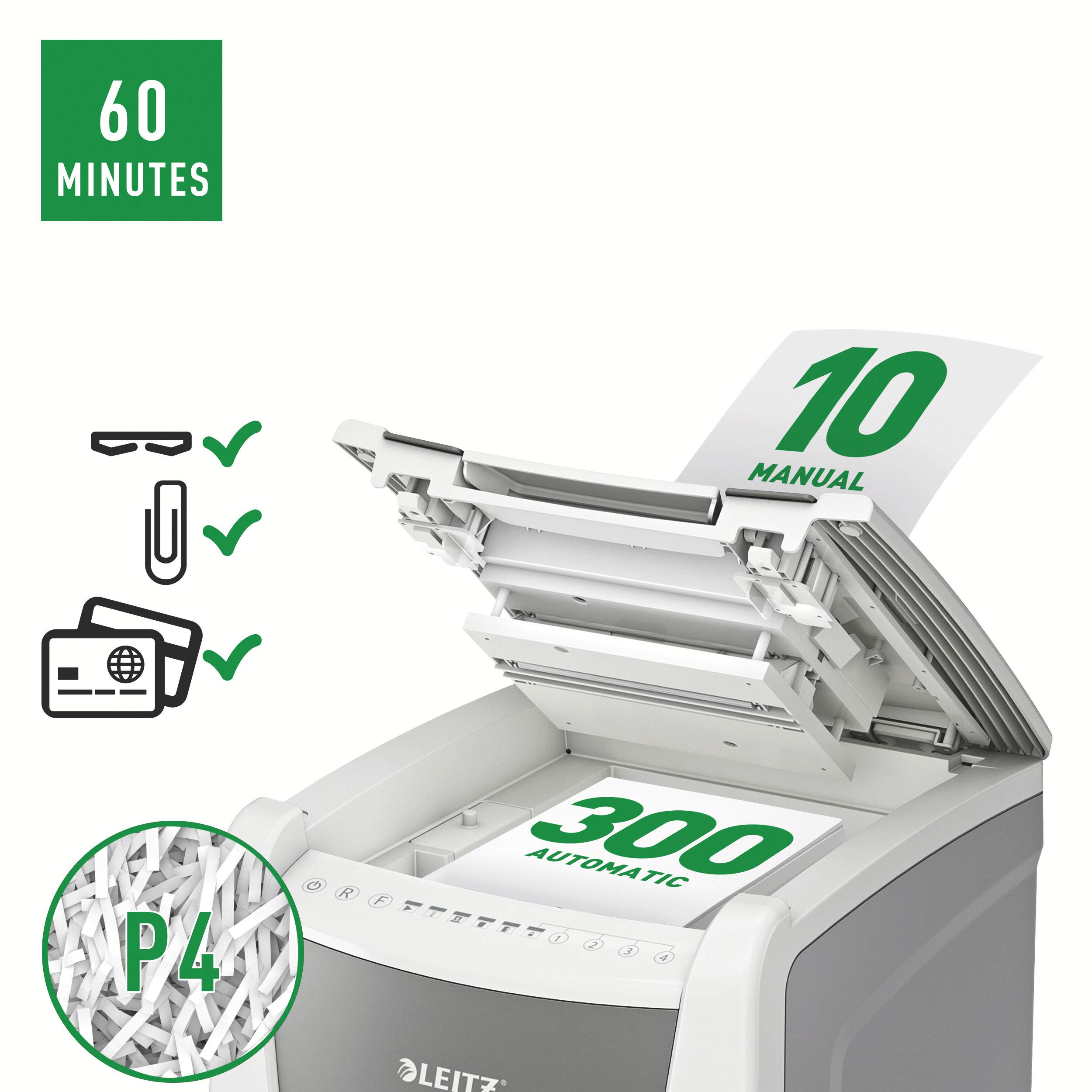 LEITZ IQ Autofeed 300 P-4 Office, Distruggidocumenti Automatico, 300 Fogli, Taglio a Frammenti, Sicurezza P-4, Capacità 60 litri, 80150000