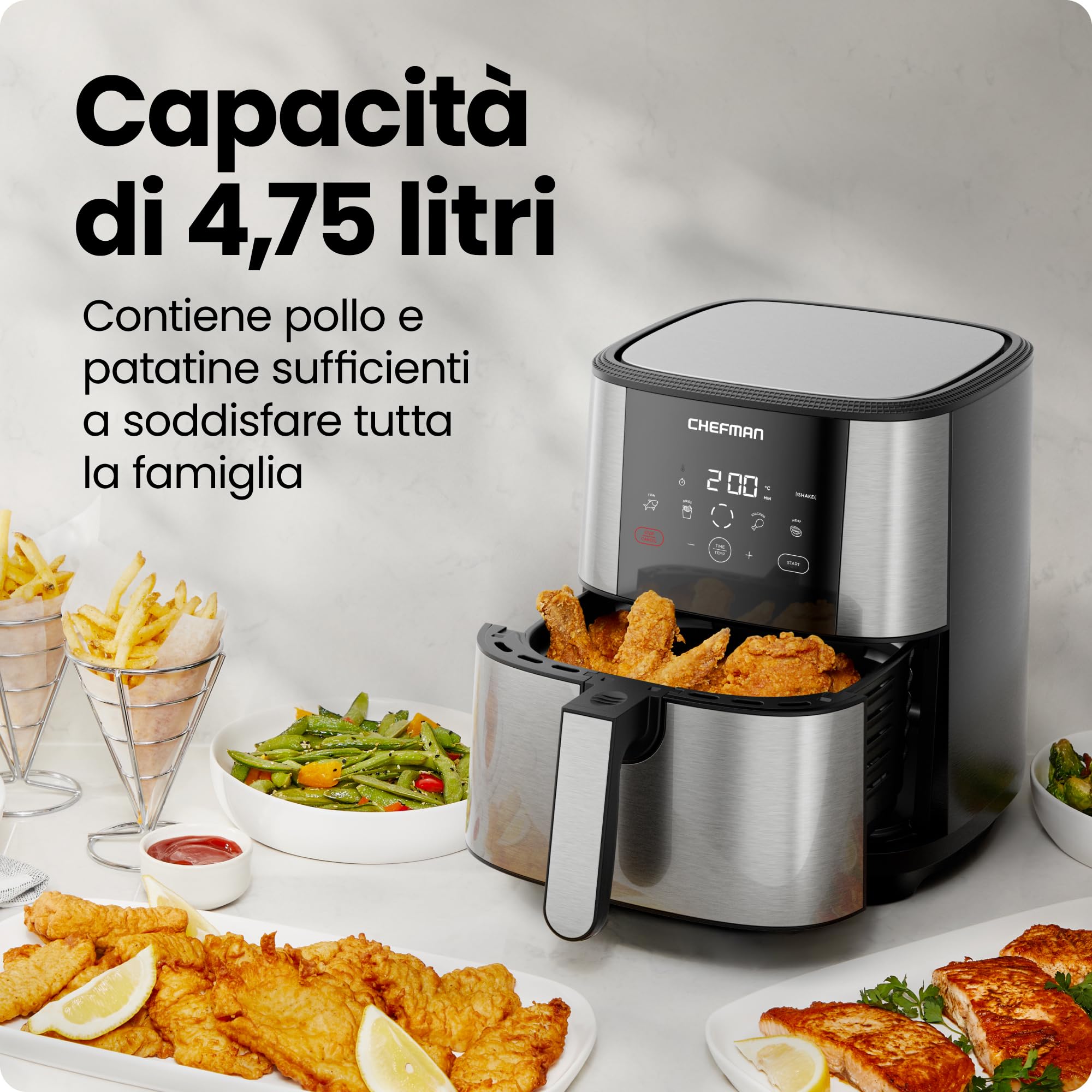 Friggitrice ad aria Chefman TurboFry Touch, 5 litri per famiglie, controllo digitale, patatine, pollo, carne, pesce, parti antiaderenti lavabili in lavastoviglie, spegnimento automatico, acciaio inox