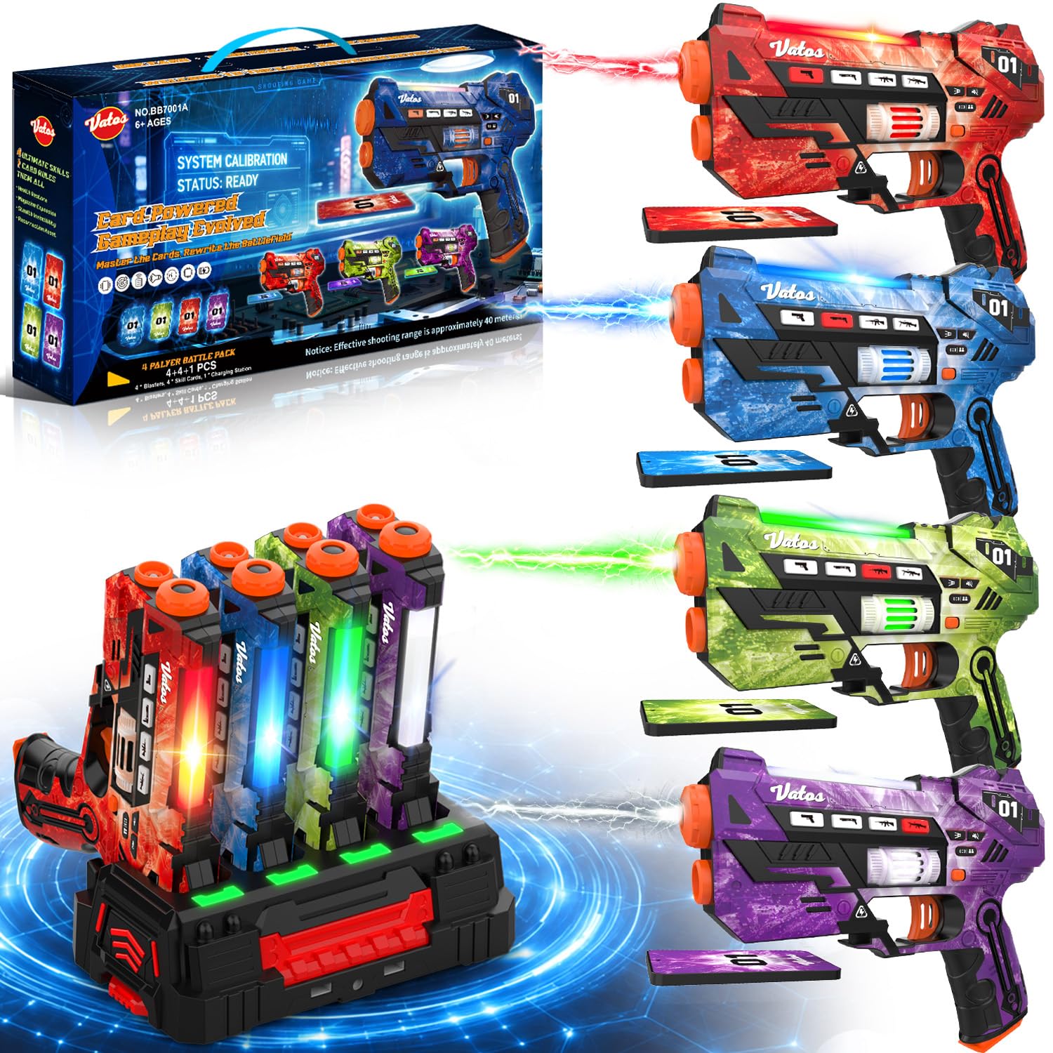 VATOS Set Laser Tag Rechargeable avec Base de Charge et Cartes Énergie, 4 Pistolets Laser avec Écran LCD et Synchronisation 2,4 GHz, Jeu Laser Intérieur/Extérieur pour Enfants, Ados et Famille