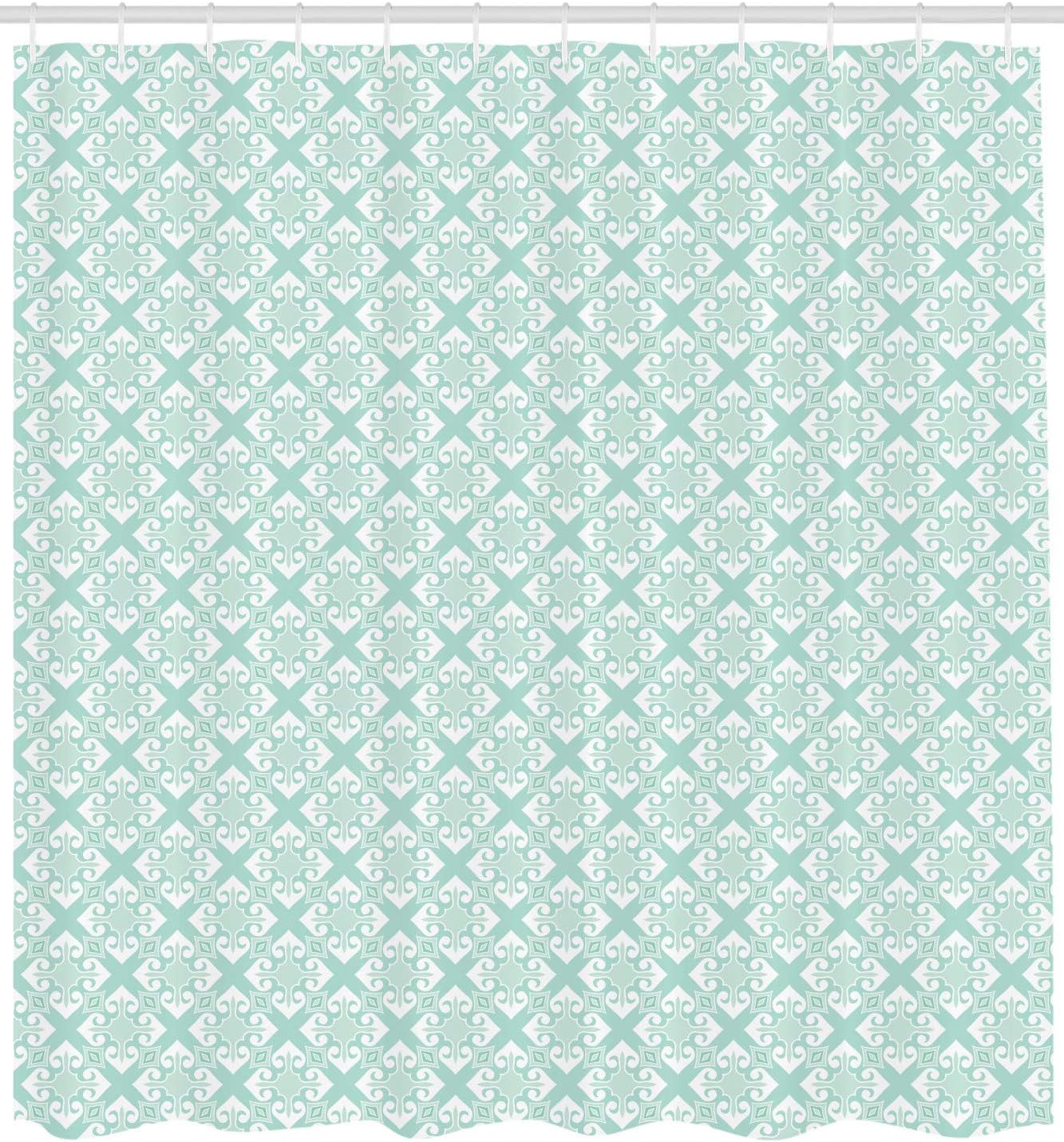 Ambesonne Teal and White Shower Curtain, Old Fashioned Abstract Mosaic Design Elements with Floral Details, Cloth Fabric Bathroom Decor Set with Hooks, 69" W x 75" L, Mint White