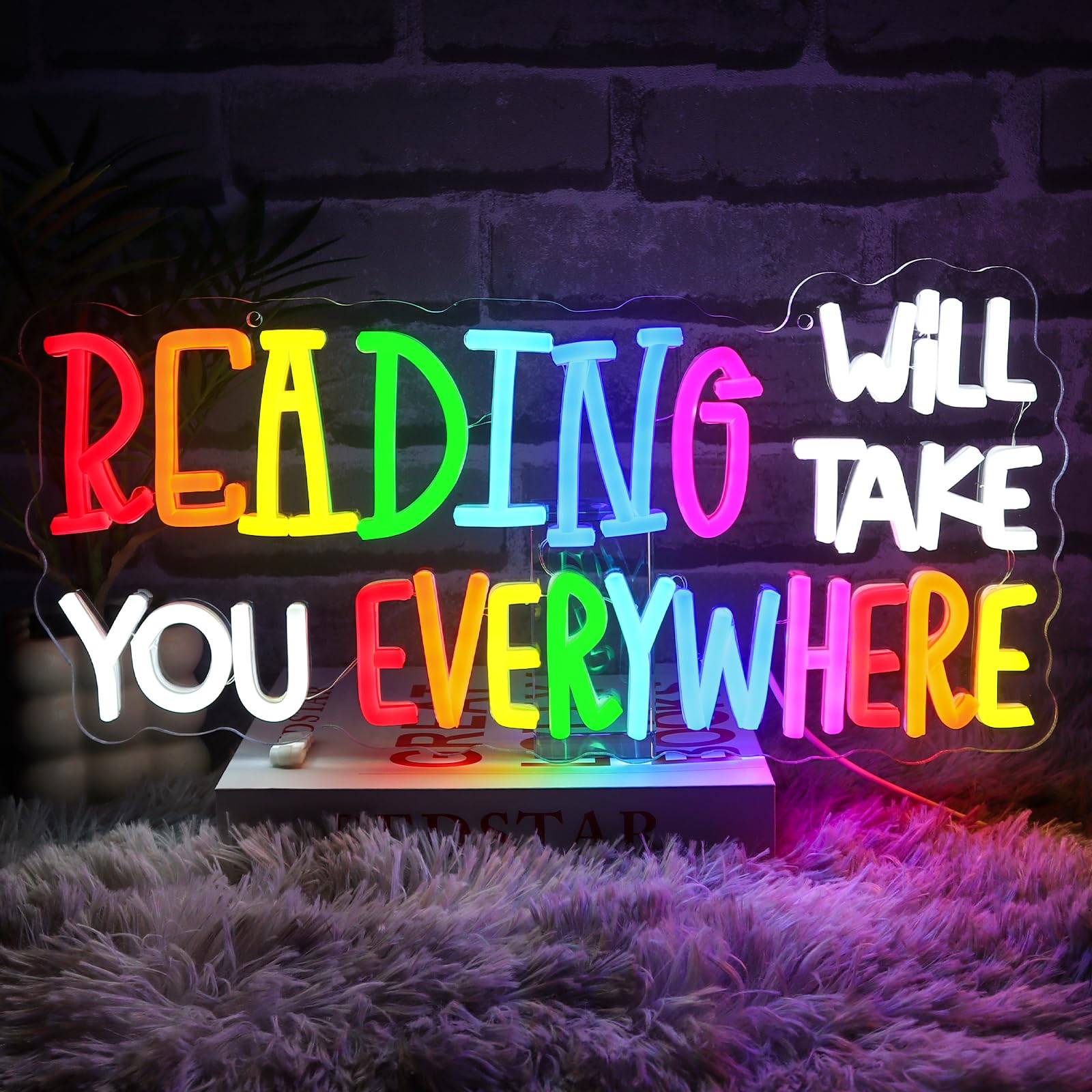 Folkive Reading Will Take You Everywhere Neon Sign for Wall Decor Dimmable Inspirational Quote Led Sign for Classroom Colorful Neon Light for School