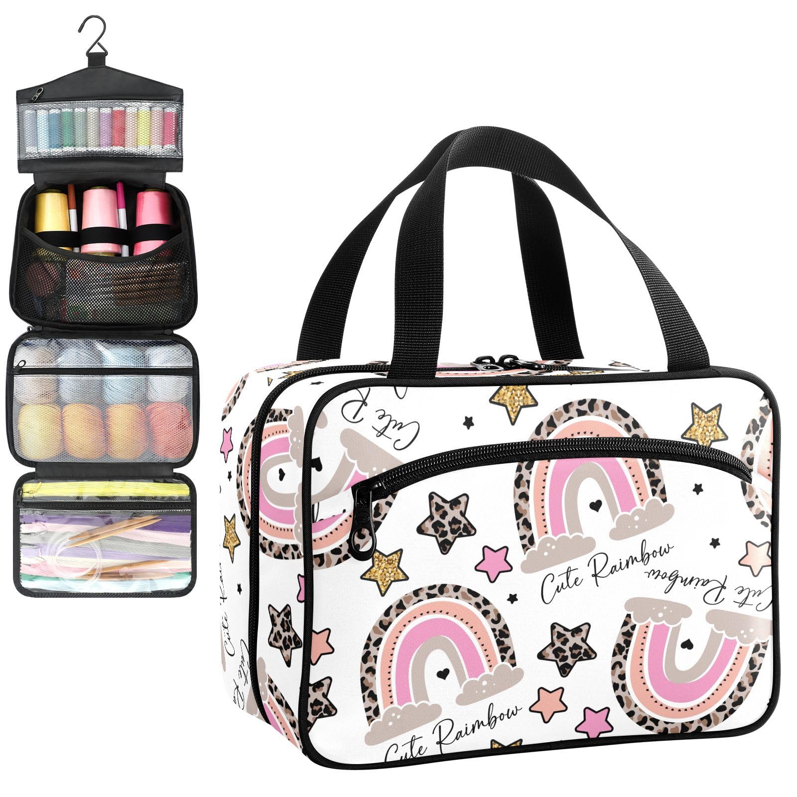 YNNALE Sewing Supply Organizer Bag, Leopard Skin Print Rainbow Stars Pink Brown Portable Sewing Bags with Pockets&Hanger, Sewing Storage Box Case for Sew Supplies/Kit/Tools/Accessories (BAG ONLY)
