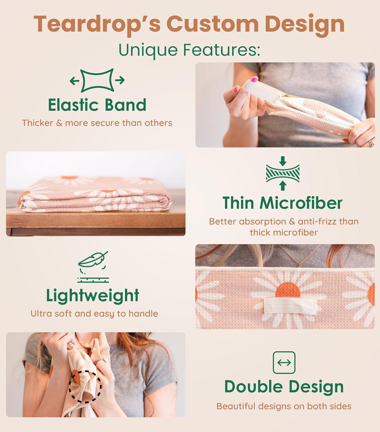 Teardrop Beauty Luxury Flat Microfiber Hair Towel Wrap for Women: Anti-Frizz, Fast Drying Hair Turban for Wet, Long, Thick, & Curly Hair - Quick Dry Microfiber Hair Drying Towel (Daisy/Checker) 4 Teardrop Beauty Luxury Flat Microfiber Hair Towel Wrap for Women: Anti-Frizz, Fast Drying Hair Turban for Wet, Long, Thick, & Curly Hair - Quick Dry Microfiber Hair Drying Towel (Daisy/Checker)