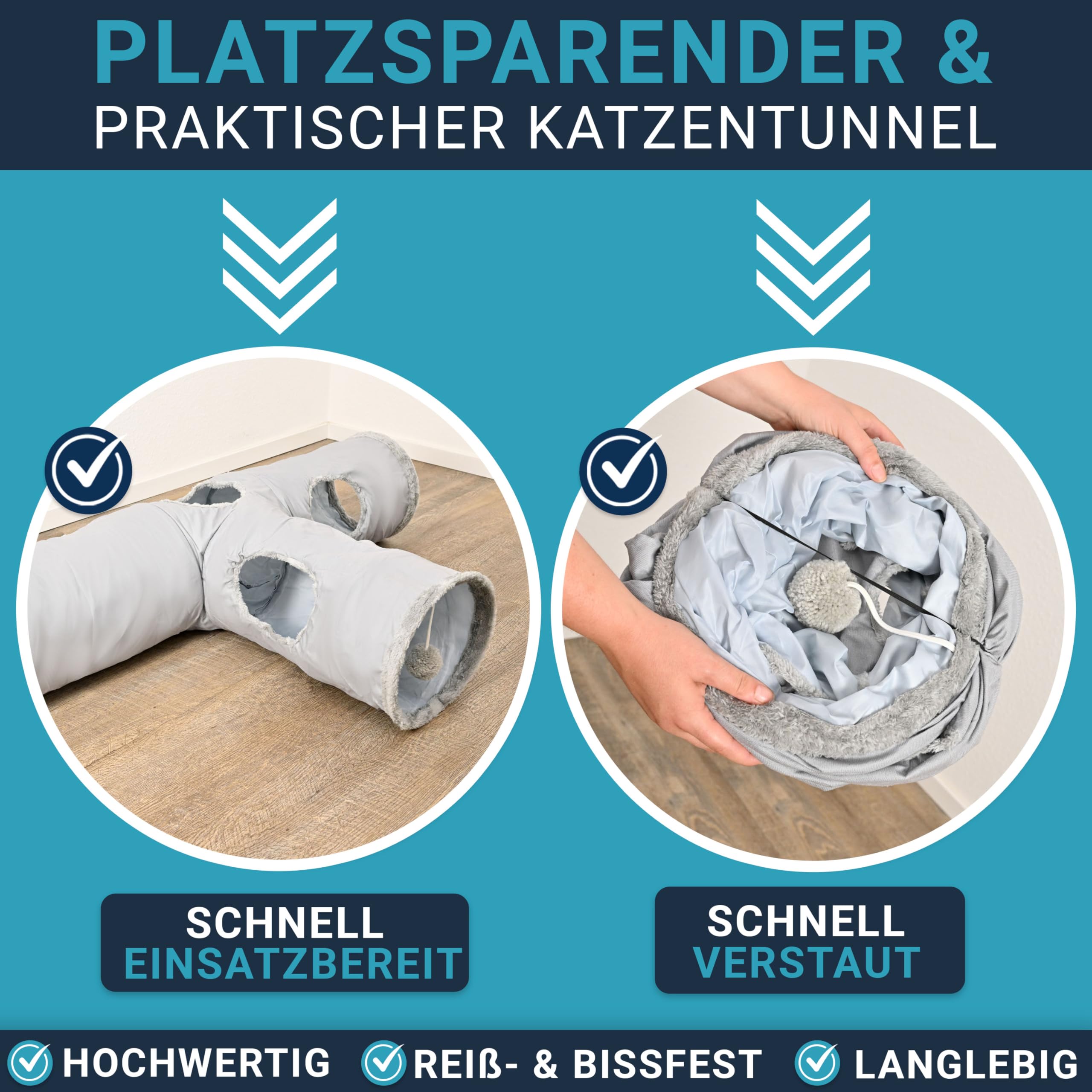 Katzentunnel XXL [für kleine und große Katzen] - robuster Spieltunnel zur Beschäftigung deiner Katze - 115cm Langer Tunnel mit verschiedenen Öffnungen inkl. Spielball