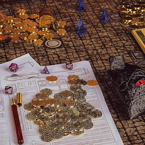 Miniatura 8 de DND - Monedas de fantasía, 50 fichas del tesoro de metal dorado antiguo con bolsa de cuero, botín de juegos, accesorios y accesorios para mazmorras