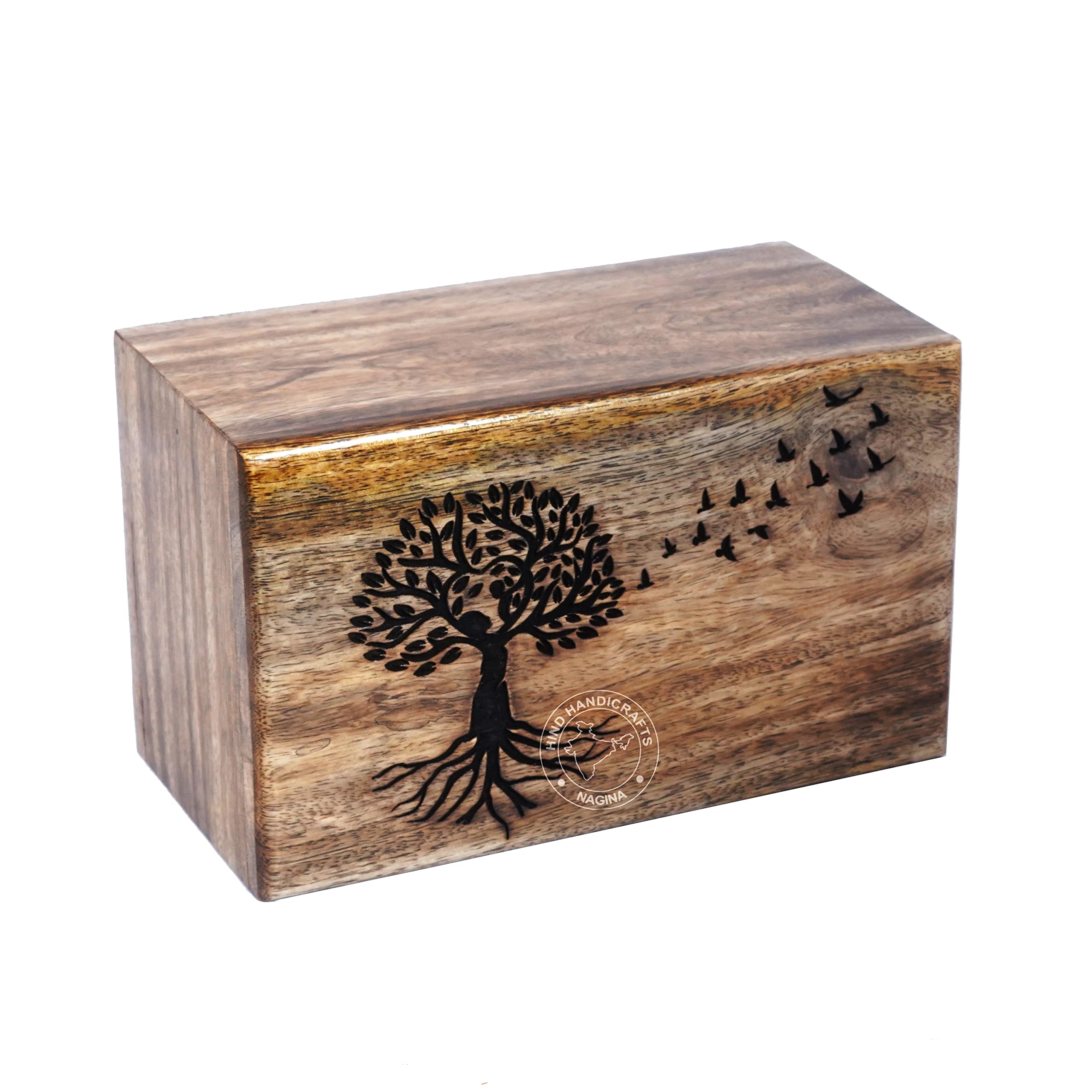Urnas de cremación de madera hechas a mano para cenizas humanas para adultos, caja de urna funeraria, columbario, árbol, mujeres, pájaros voladores, grande, 150 pulgadas cúbicas
