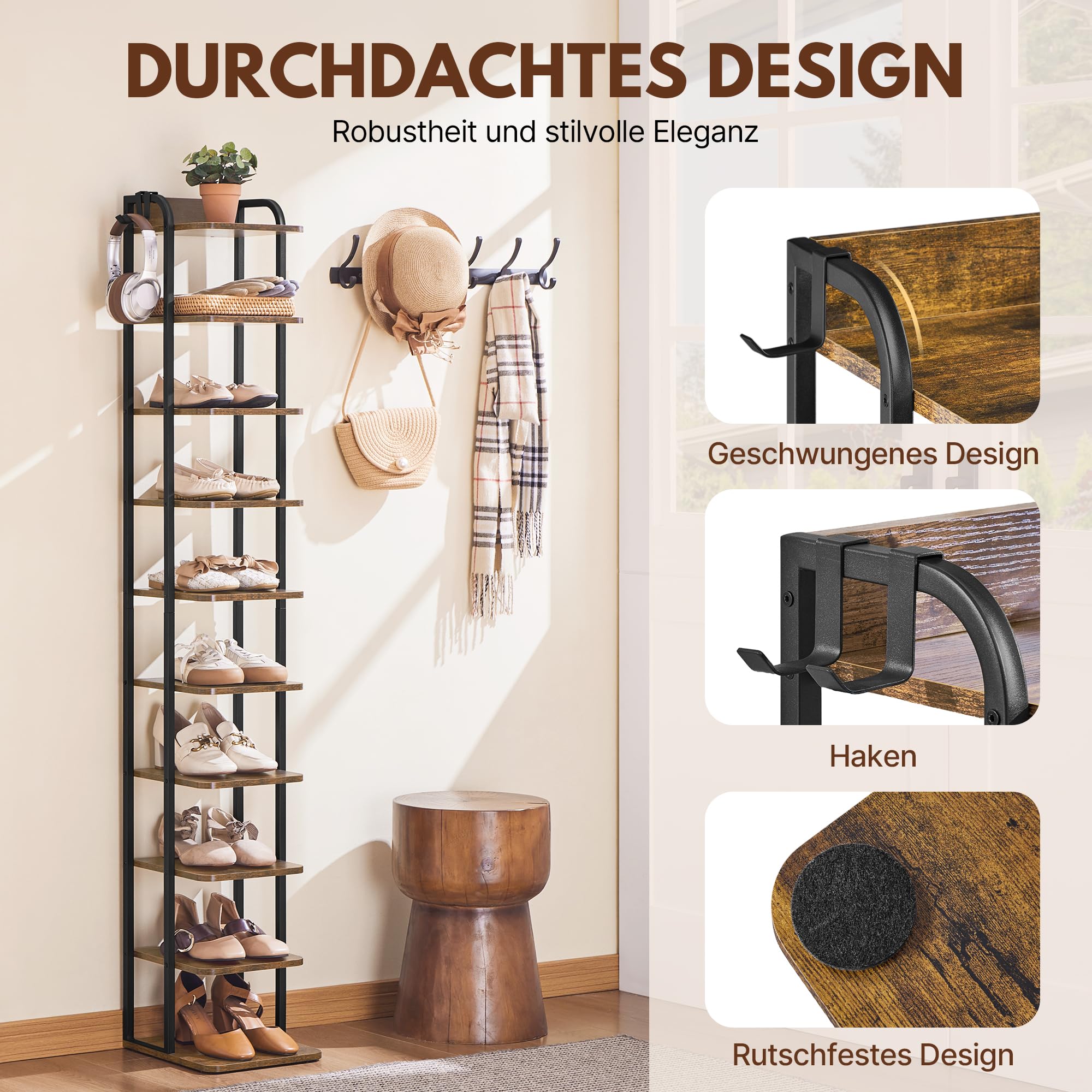 Yaheetech Schmales Schuhregal Schuhablage mit 10 Ebenen | Platzsparender Schuhschrank Holz im Vintage-Sti mit Haken für Flur/Ecke/Eingangsbereichl