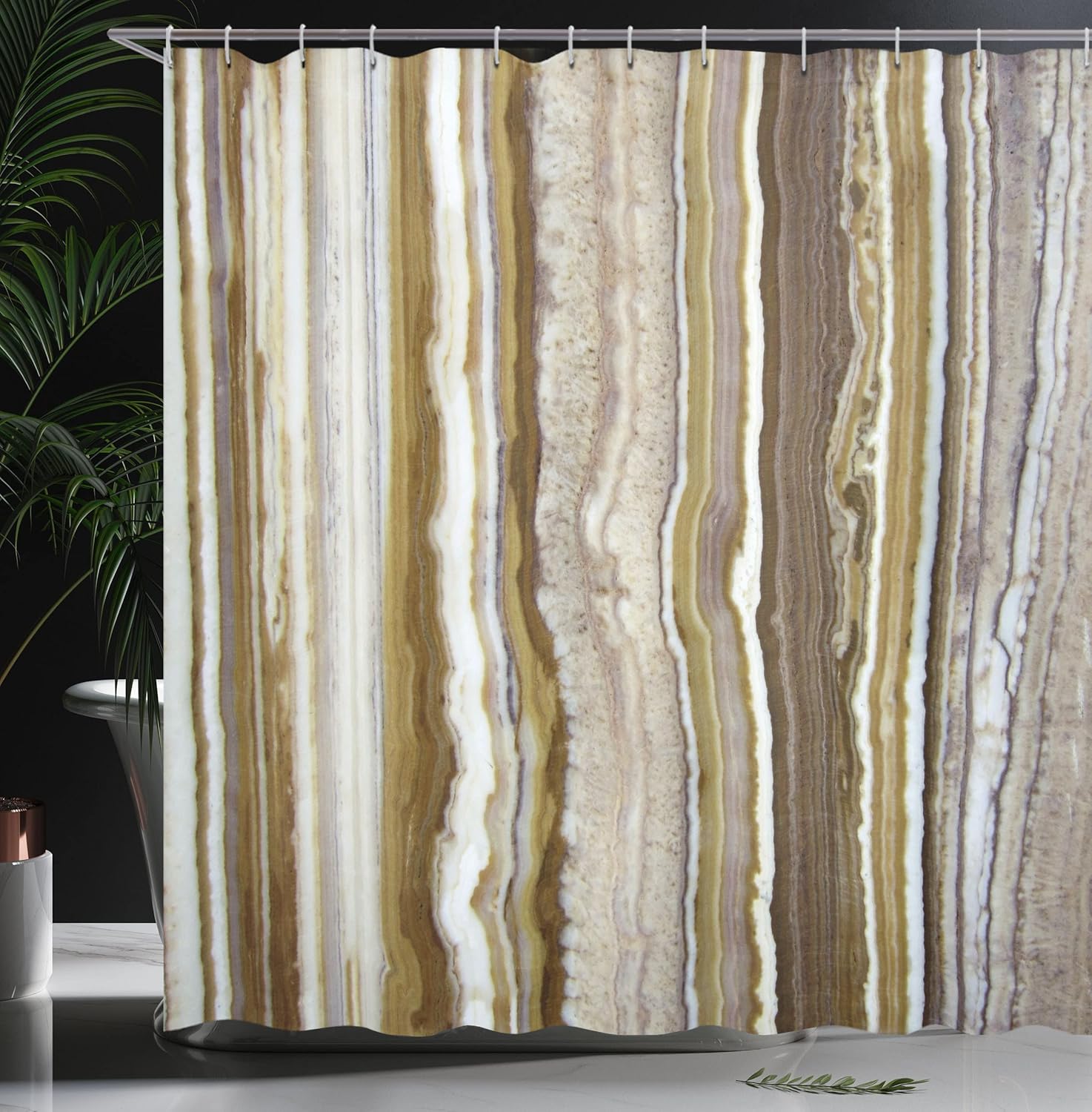 Ambesonne Marble Print Shower Curtain, Onyx Marble Rock Themed Vertical Lines and Blurry Stripes in Earth Color, Cloth Fabric Bathroom Decor Set with Hooks, 69" W x 75" L, Brown Mustard