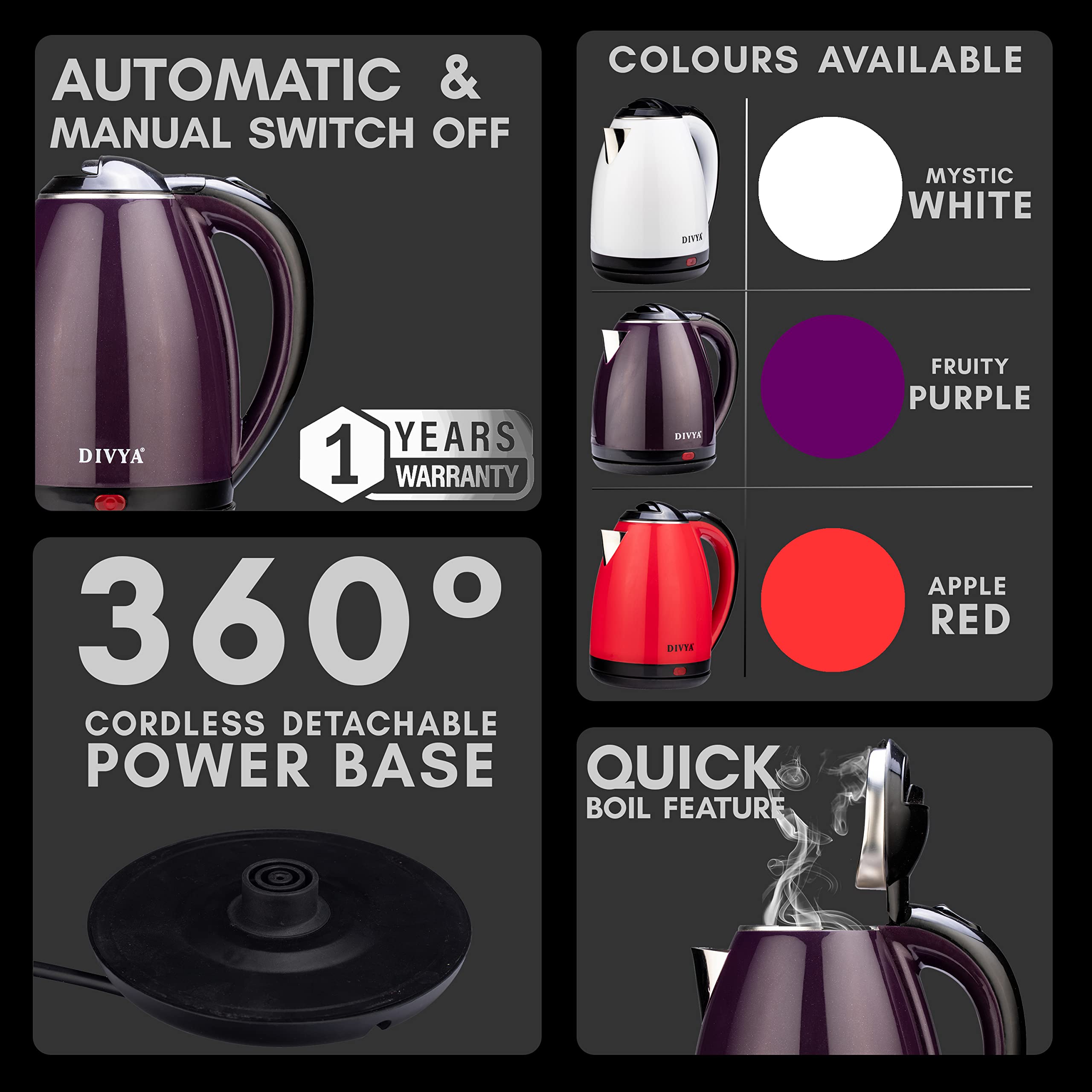 DIVYA Electric Kettle - Purple 1.8L -2