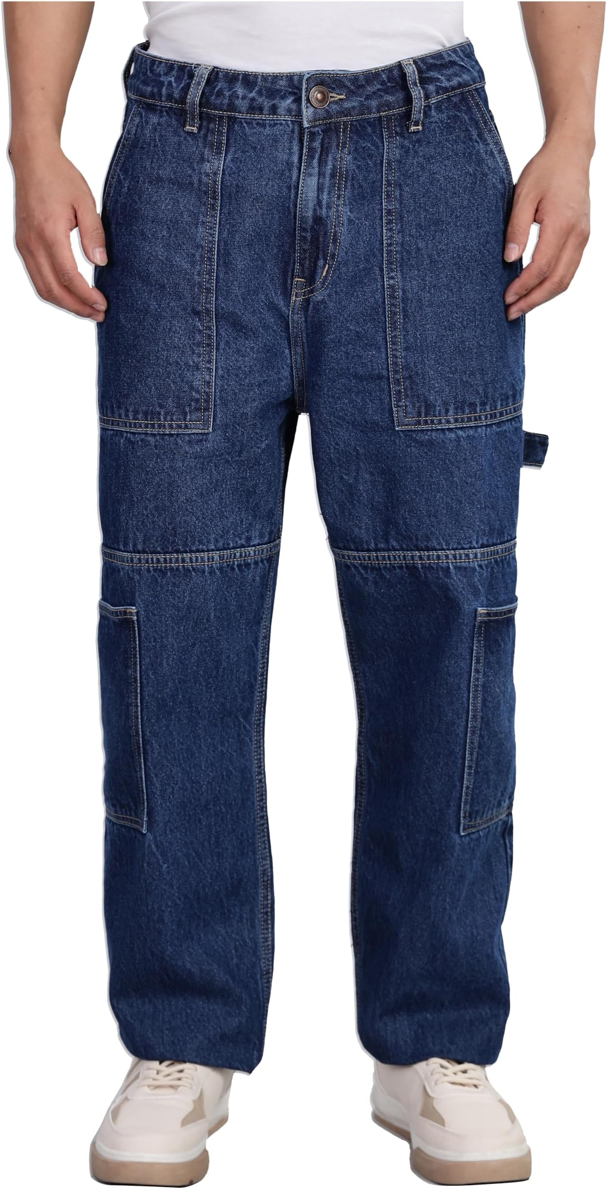 Men's Carpenter Baggy Jeans – Mid-Rise | 100% Cotton | Contrast Stitch| 6 Pocket Styling | Baggy Jeans for Man | Cargo for Men