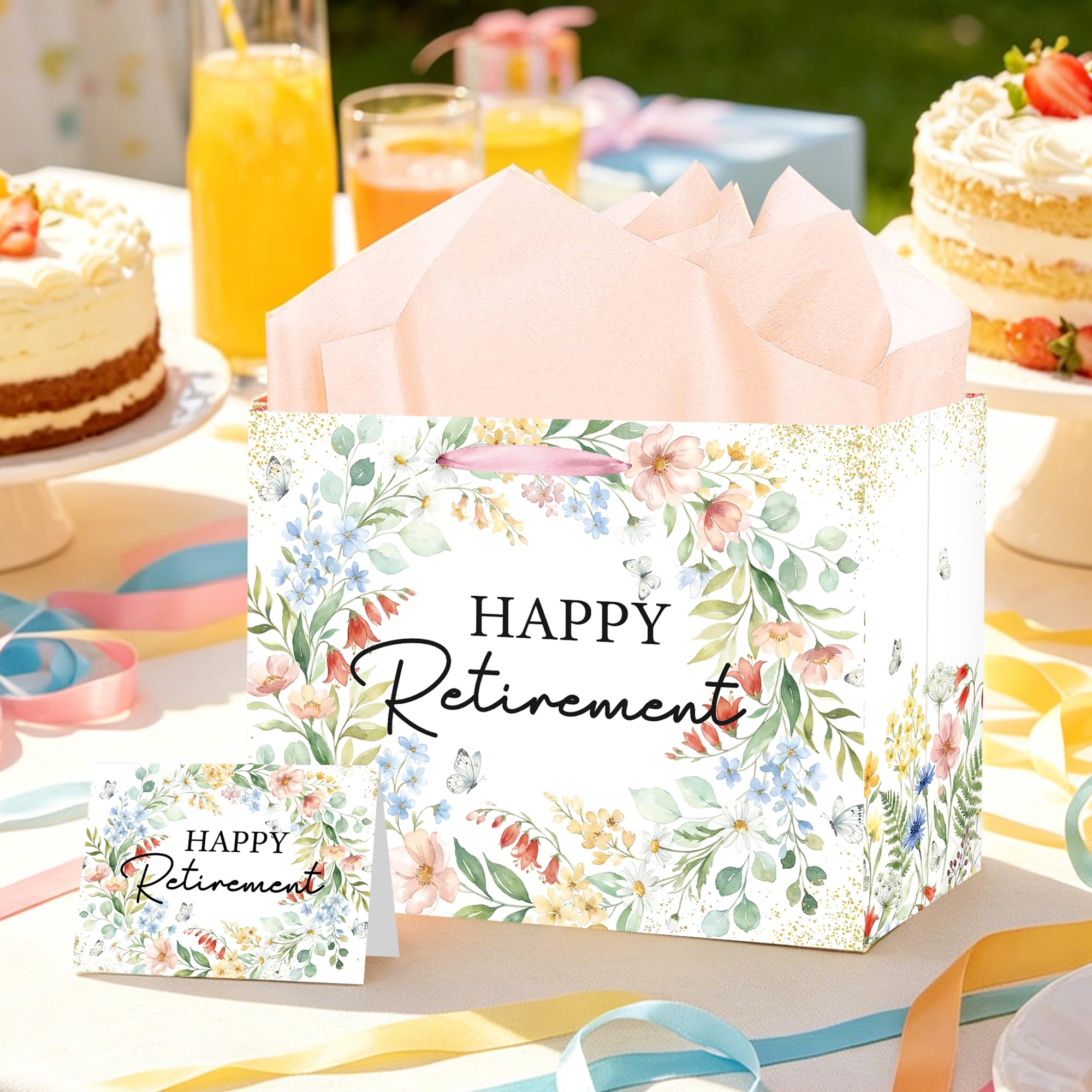 MOIZYNG Retirement Gift Bag with Handles, Tissue Paper and Greeting Card, Floral Happy Retirement Wrapping Paper for Men Women Office Coworker Farewell Going Away Party Favors