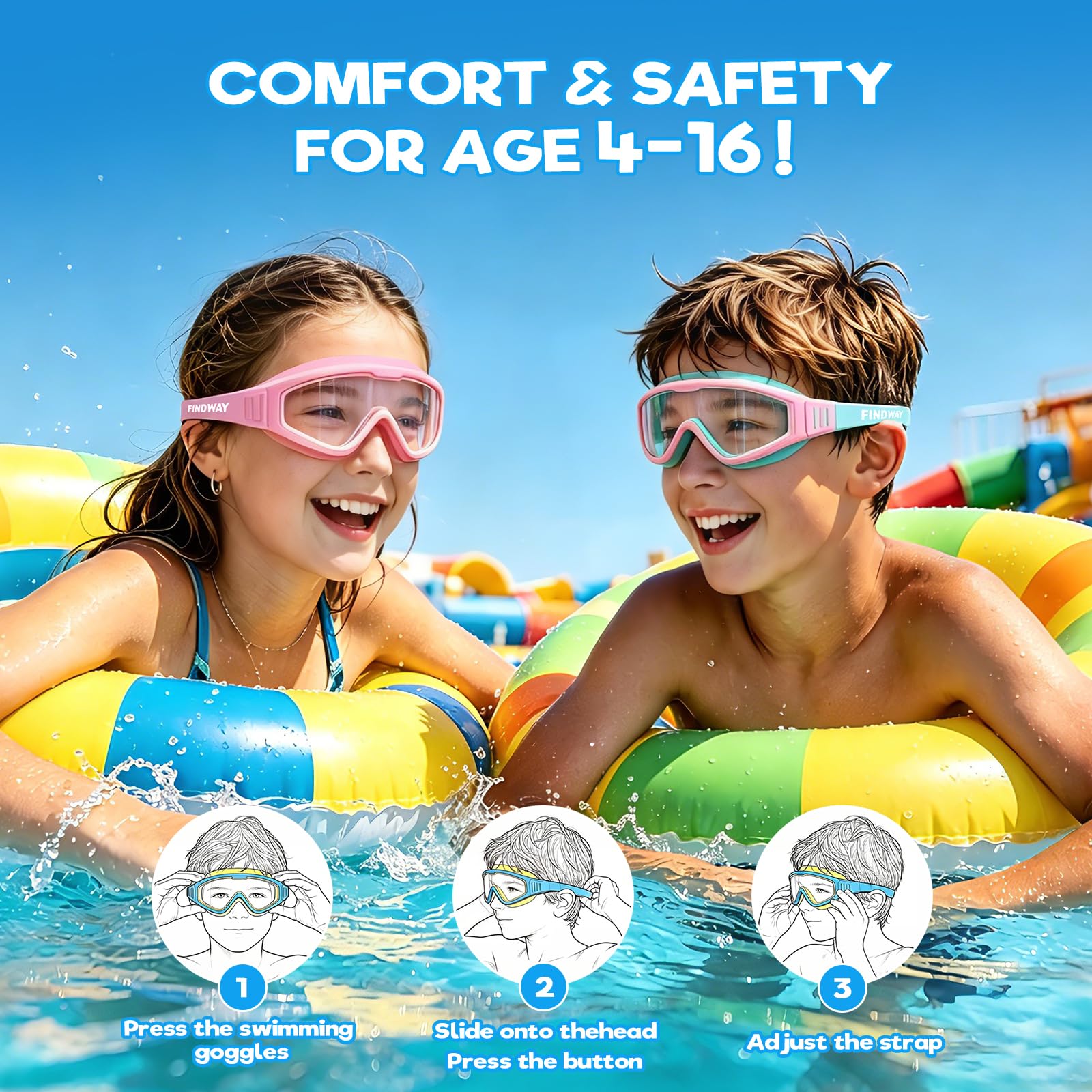 Findway Kids Swimming Goggles Unisex, 2 Pack Swimming Goggles Kids 4-16 Anti-fog Anti-leak Anti-UV 180° HD Vision - Image 7