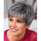 XIUFAXIRUSI XIUFAXIRUSI Short Grey Wigs for White Women Short Layers Pixie Wig with Air Bangs Salt N Pepper Straight Synthetic Hair Wig