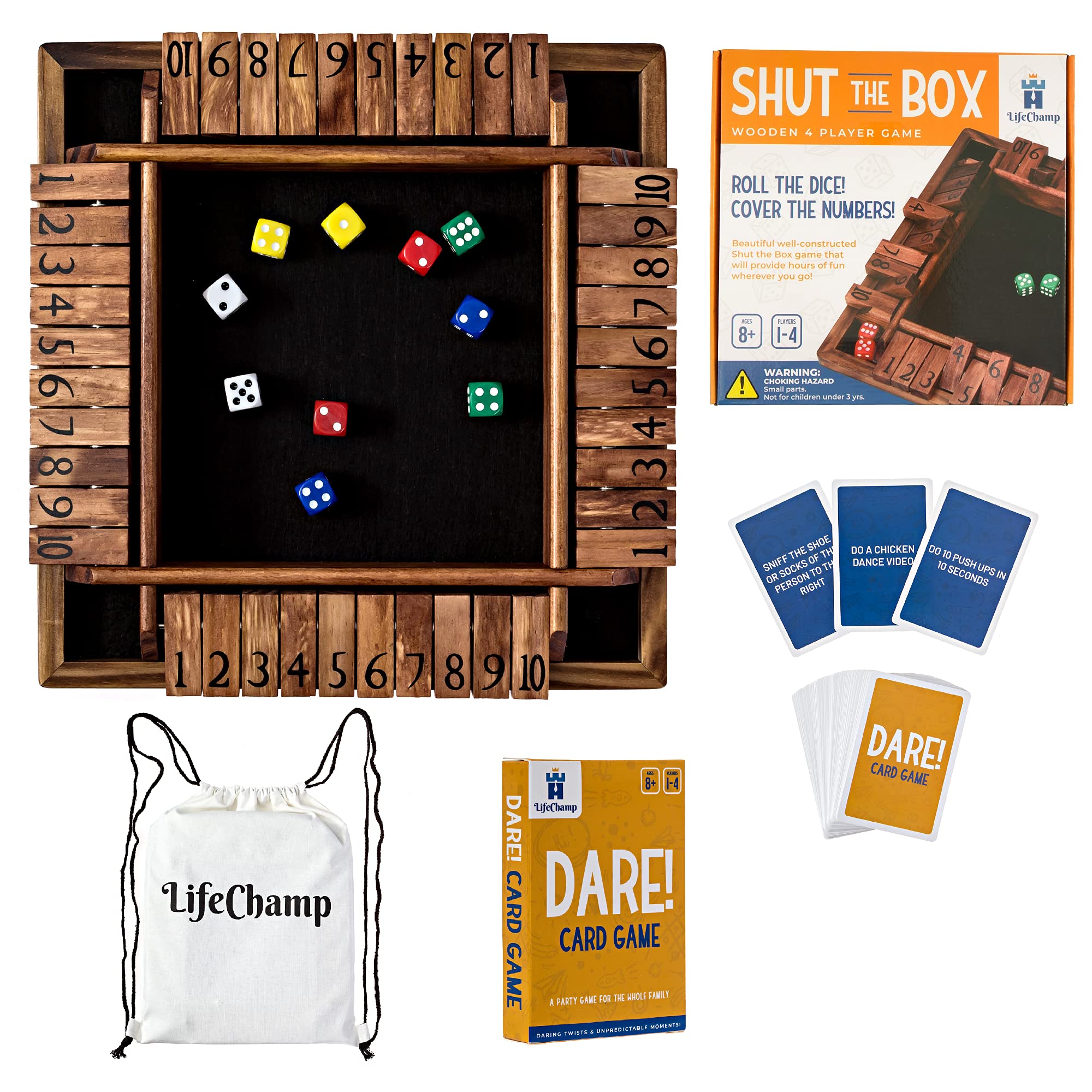 Wooden Shut The Box Game with Dare Cards and Carry Bag, 12 Inch, 2 to 4 Player Family Game