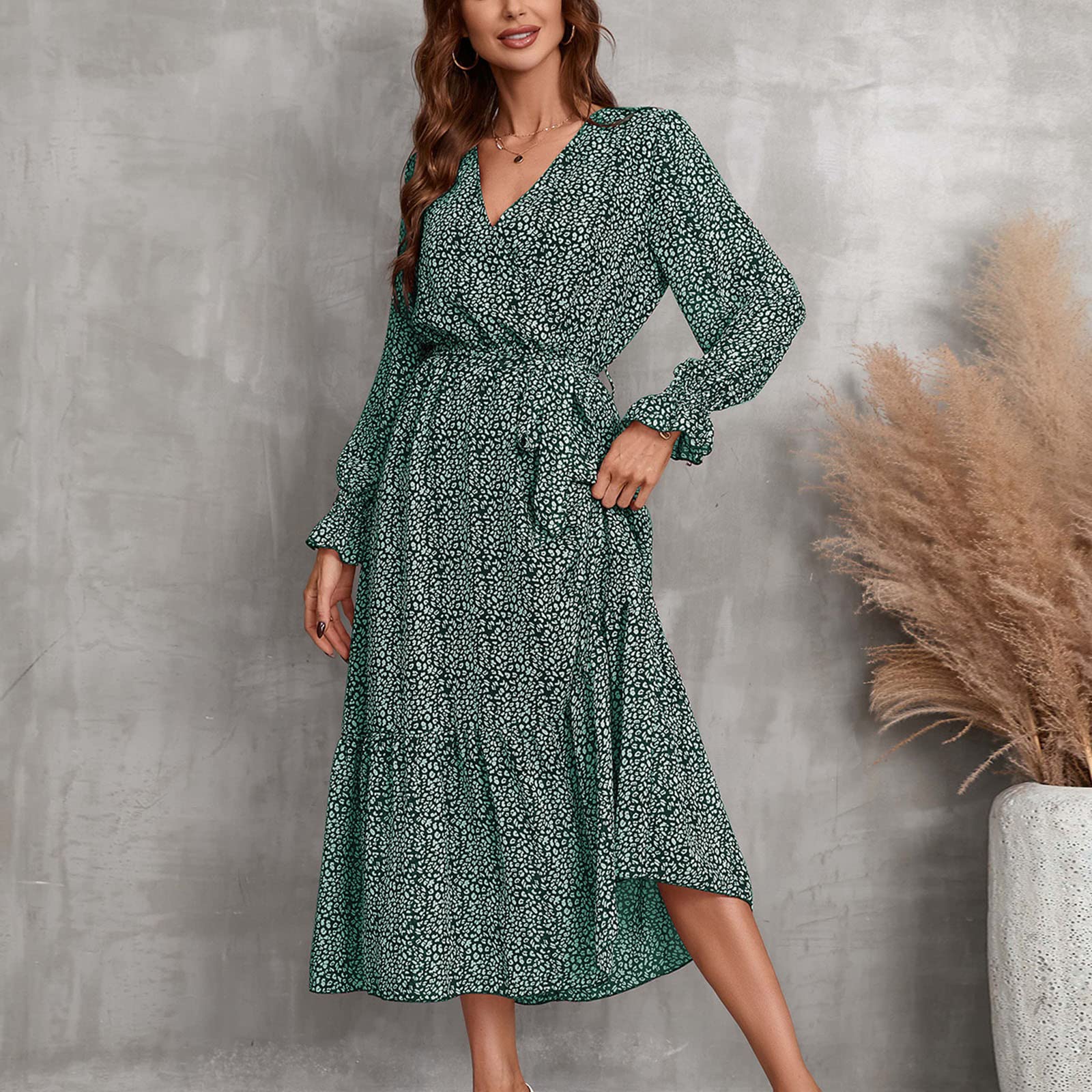 2026 Boho Femme Imprimé Floral Manches Longues Wrap Col V Ceinture Plissée A Line Flowy Dress