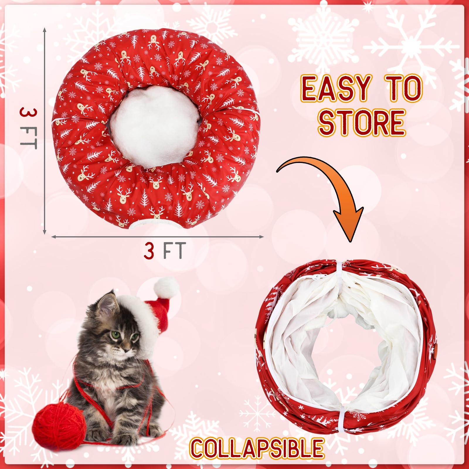 Túnel de Navidad para gatos, juguetes de cama para gatos de interior, túnel de tubo en forma de S con bola debajo del árbol de Navidad, cueva de gato, gatito, juguete, Papá Noel, alce,