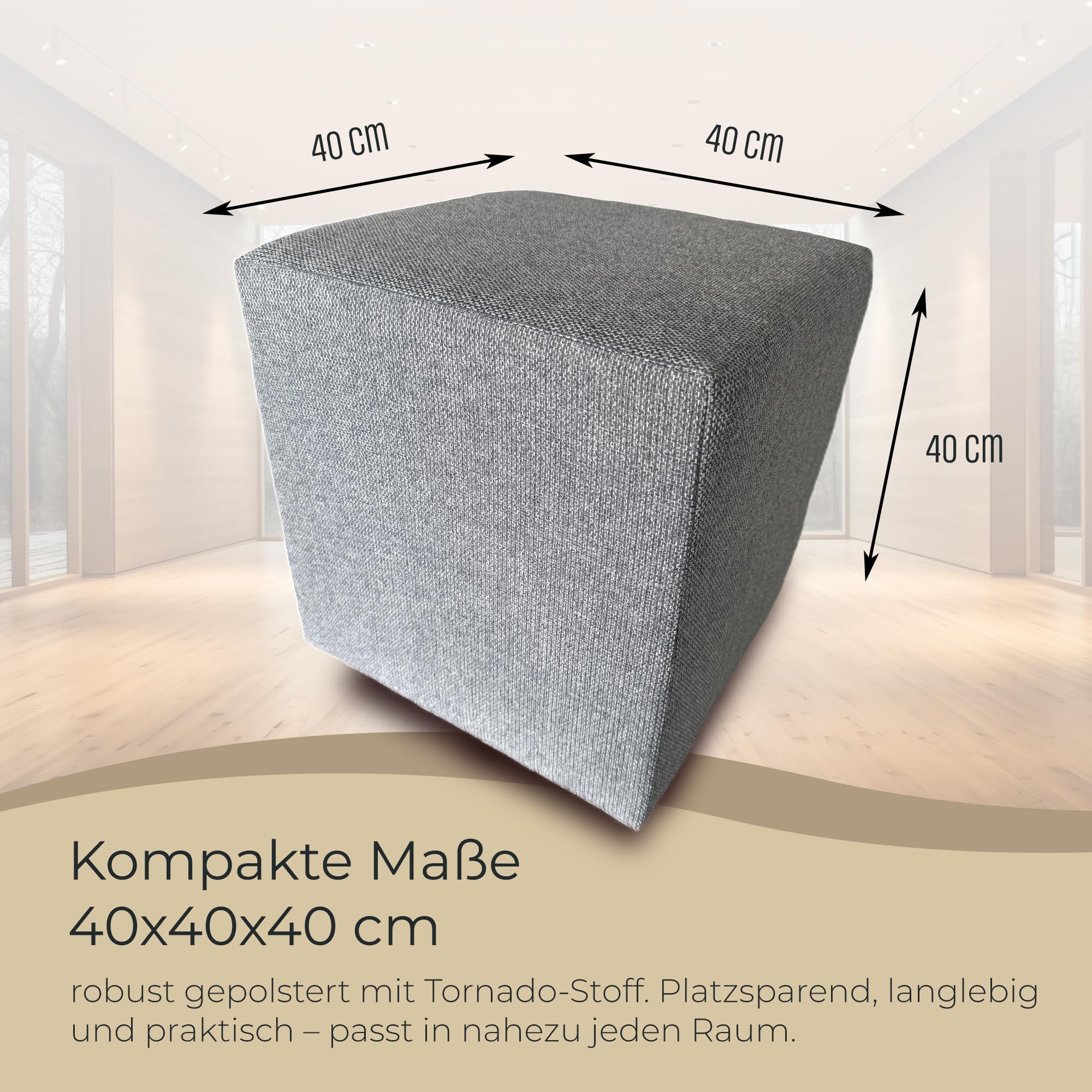 Hocker Wohnzimmer Sitzhocker - Quadratisch 40 x 40 cm - Sofahocker - Tornado Stoff - Grau